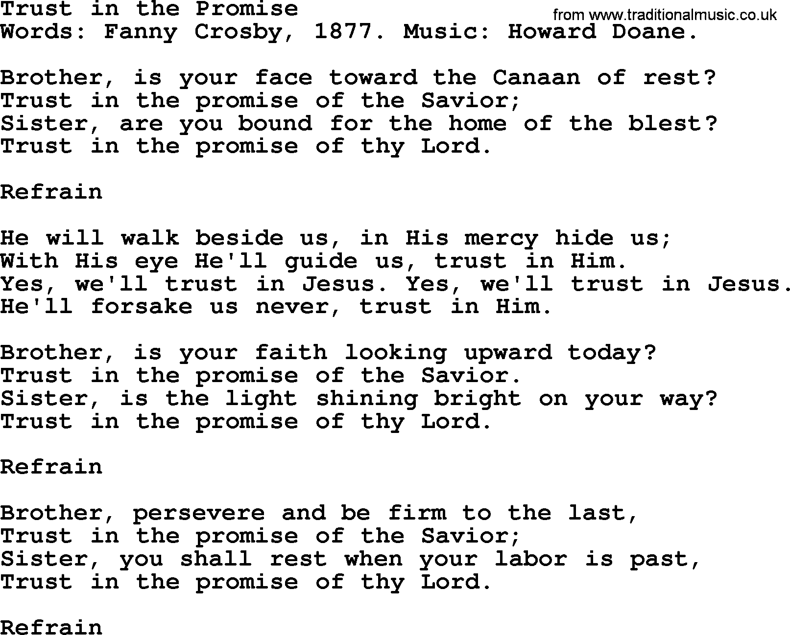 Fanny Crosby song: Trust In The Promise, lyrics