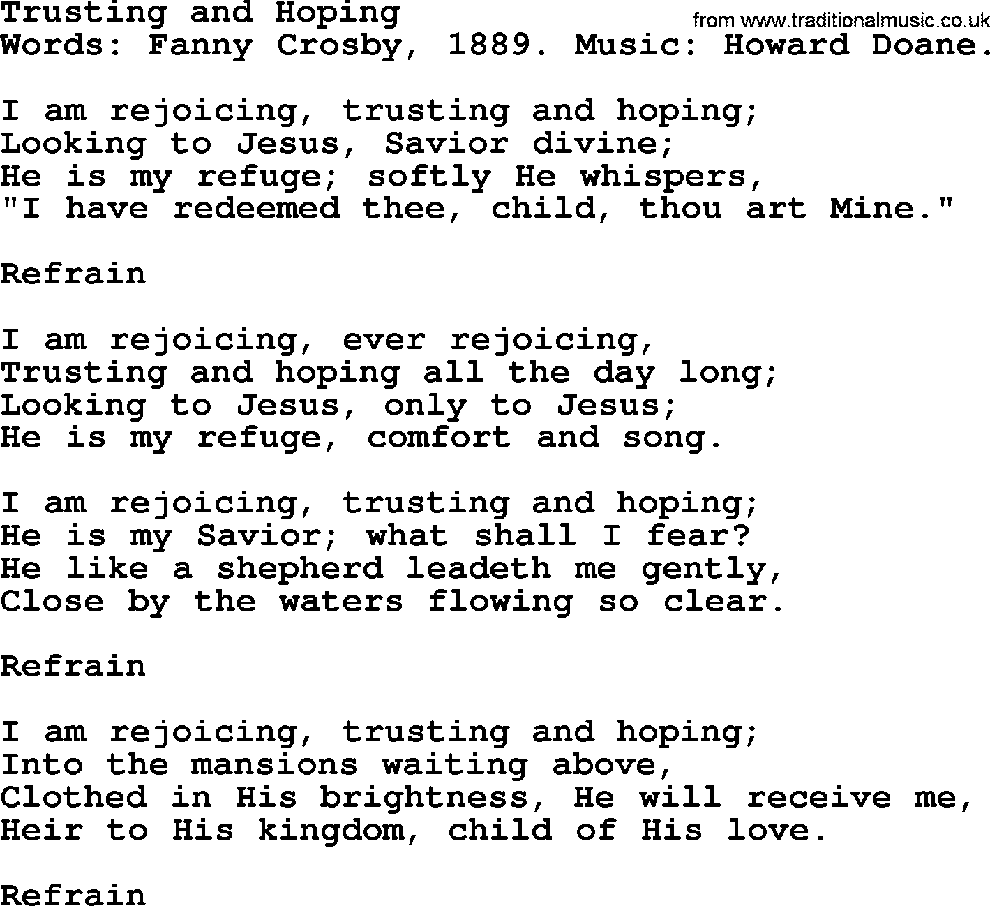 Fanny Crosby song: Trusting And Hoping, lyrics