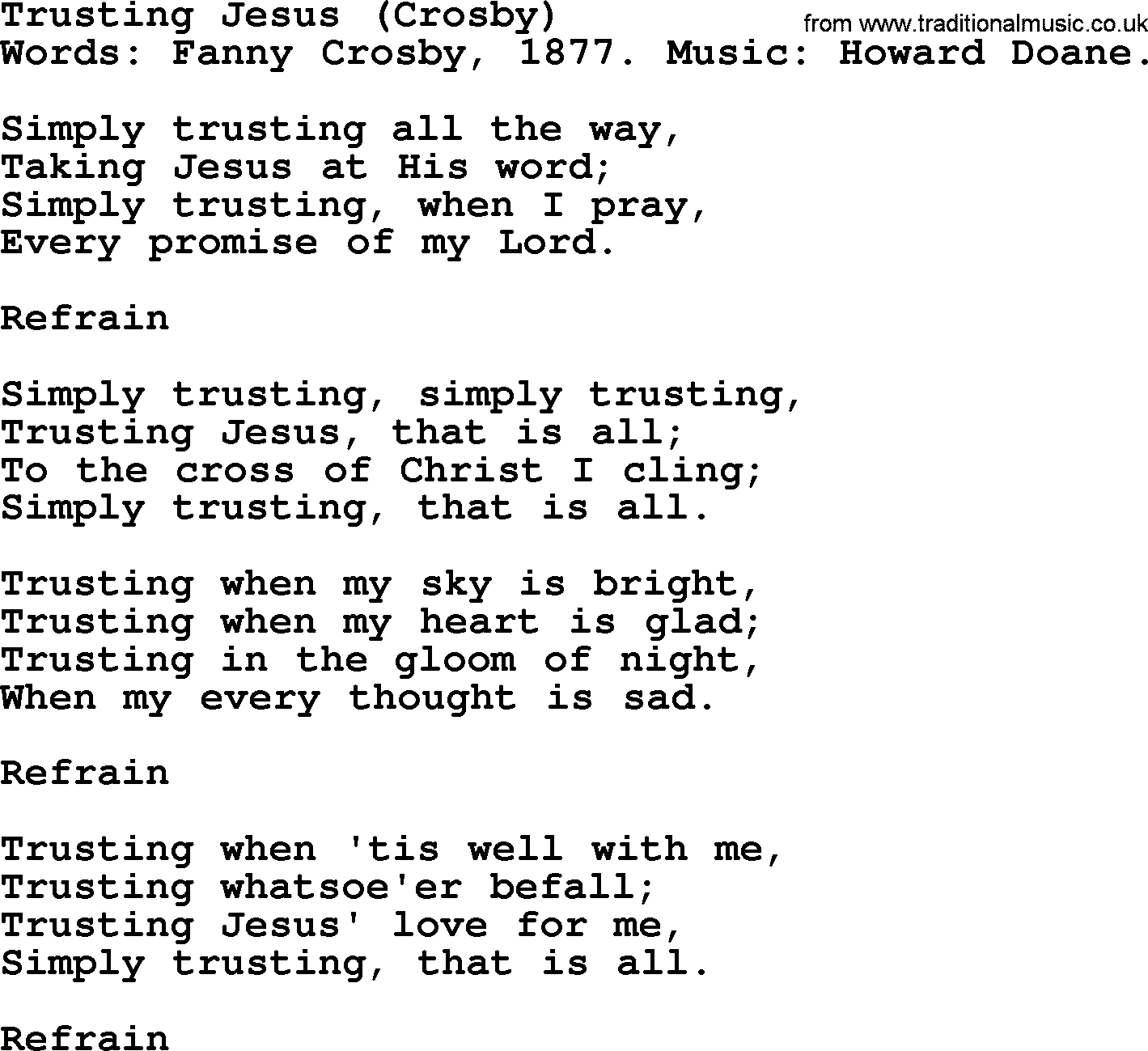 Fanny Crosby song: Trusting Jesus, lyrics