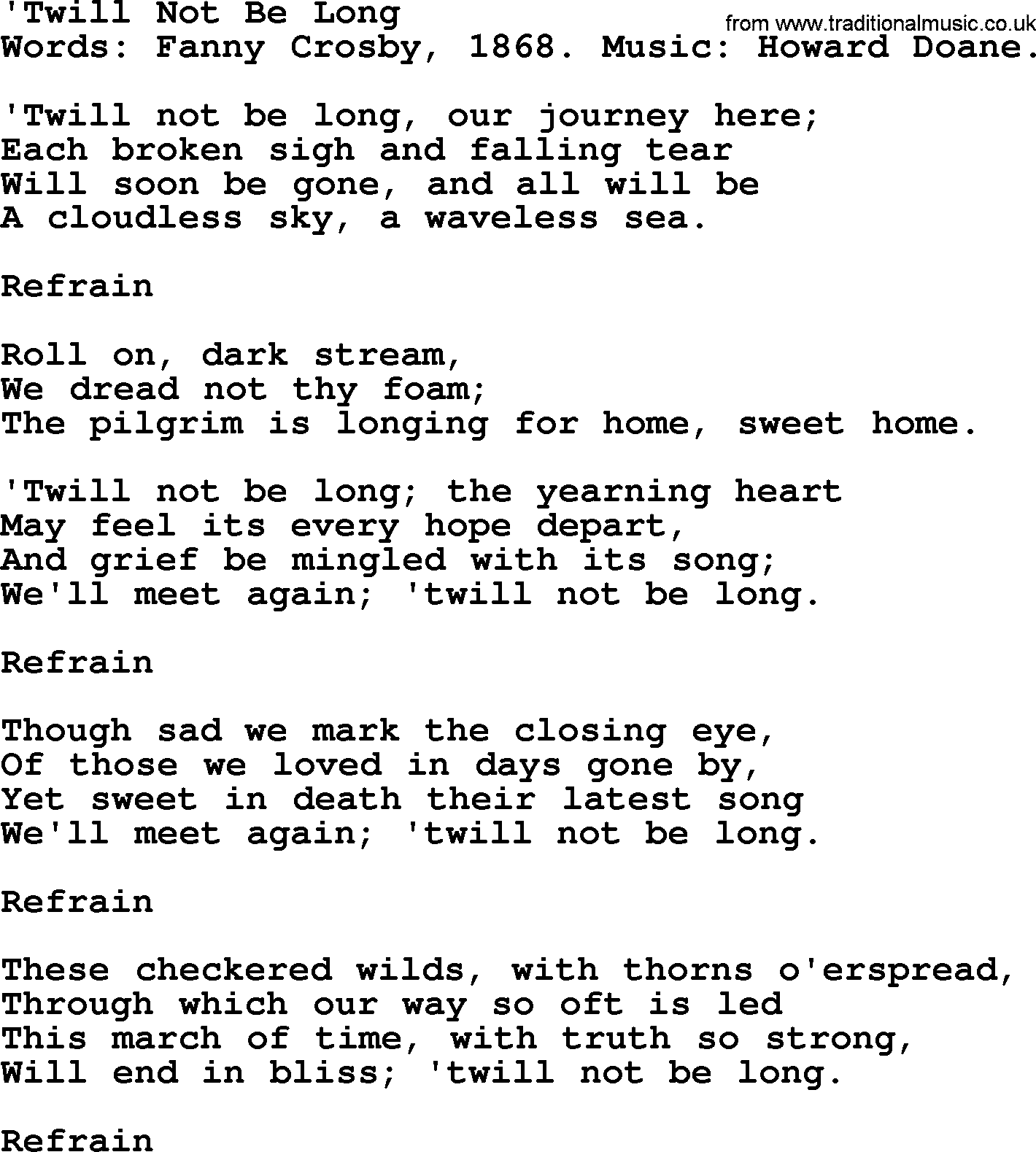 Fanny Crosby song: Twill Not Be Long, lyrics