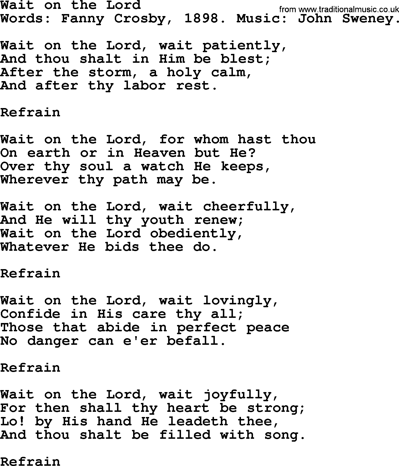 Fanny Crosby song: Wait On The Lord, lyrics