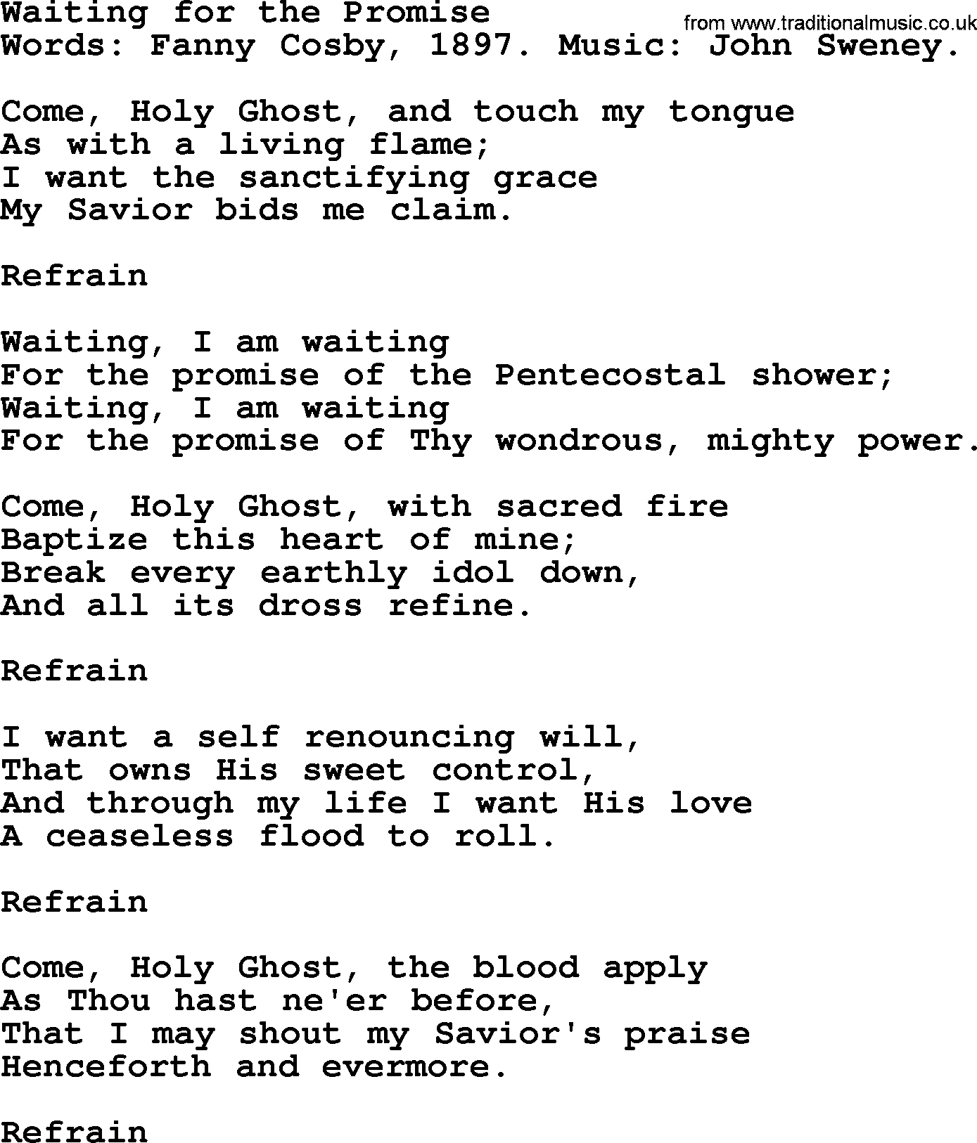 Fanny Crosby song: Waiting For The Promise, lyrics
