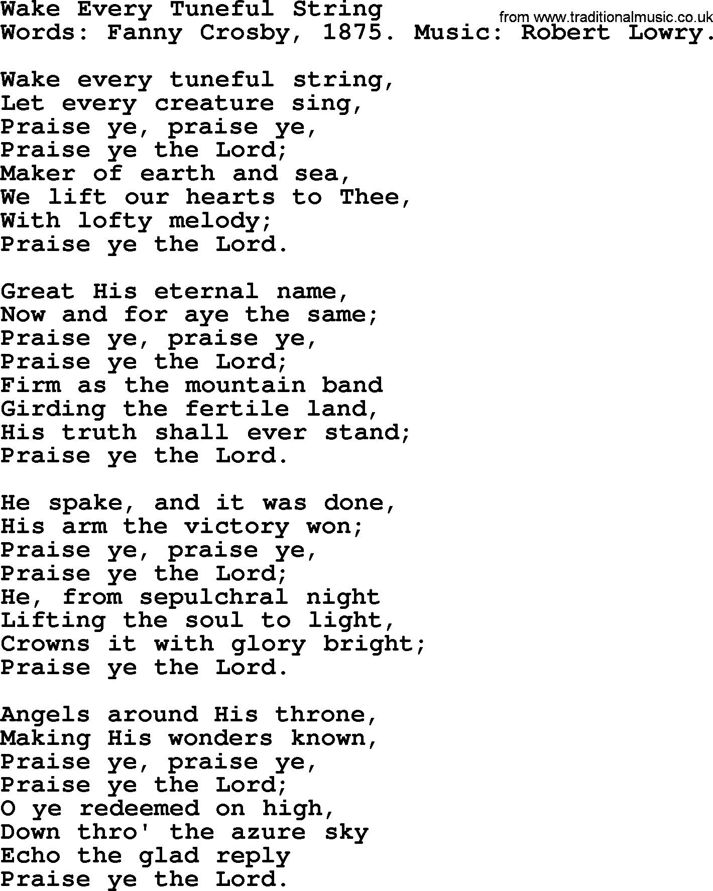 Fanny Crosby song: Wake Every Tuneful String, lyrics