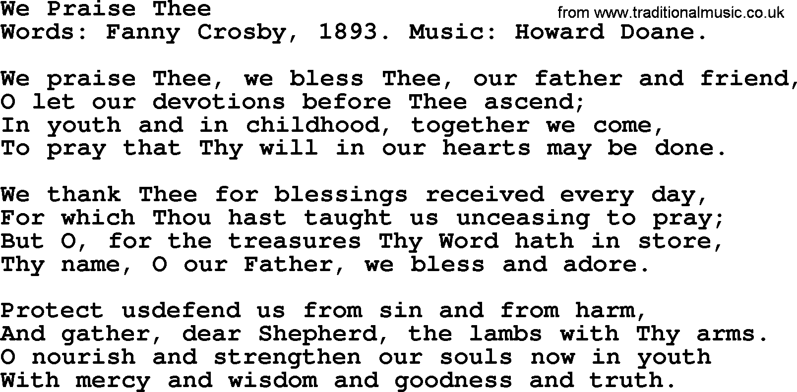 Fanny Crosby song: We Praise Thee, lyrics