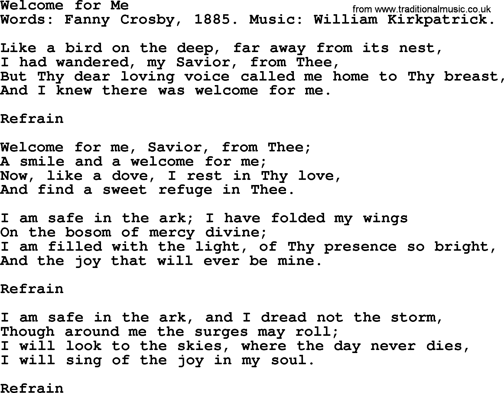 Fanny Crosby song: Welcome For Me, lyrics
