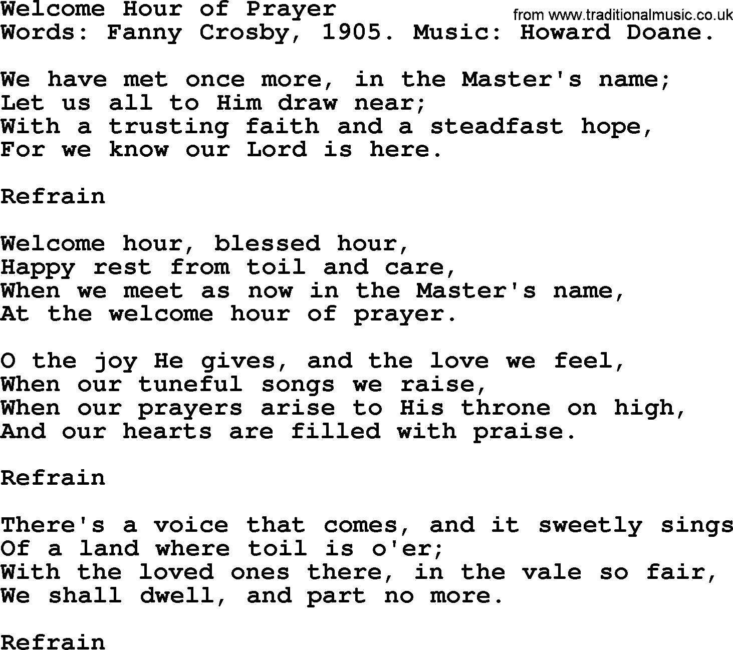 Fanny Crosby song: Welcome Hour Of Prayer, lyrics