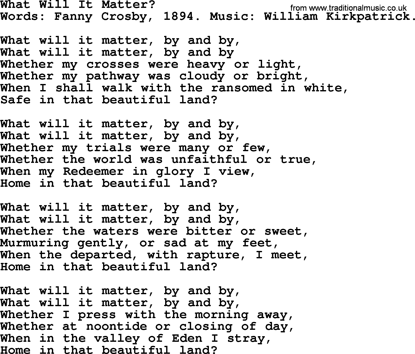 Fanny Crosby song: What Will It Matter, lyrics