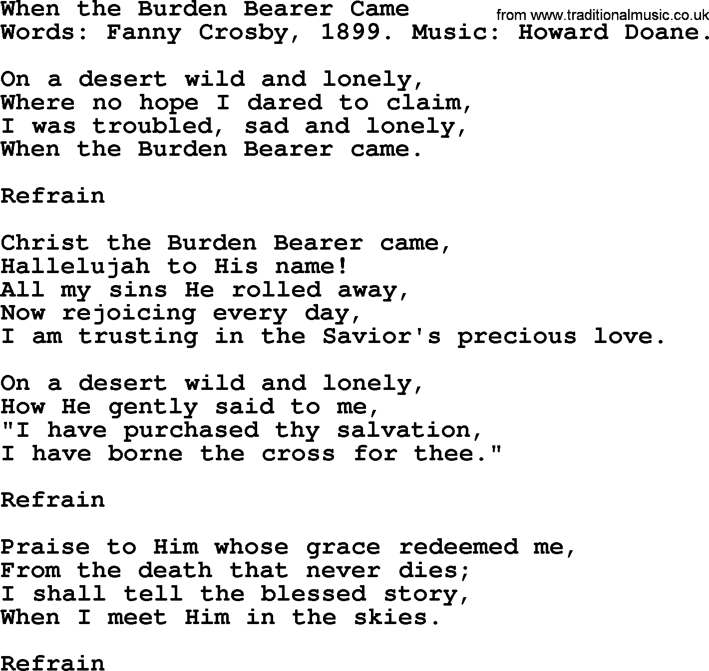 Fanny Crosby song: When The Burden Bearer Came, lyrics