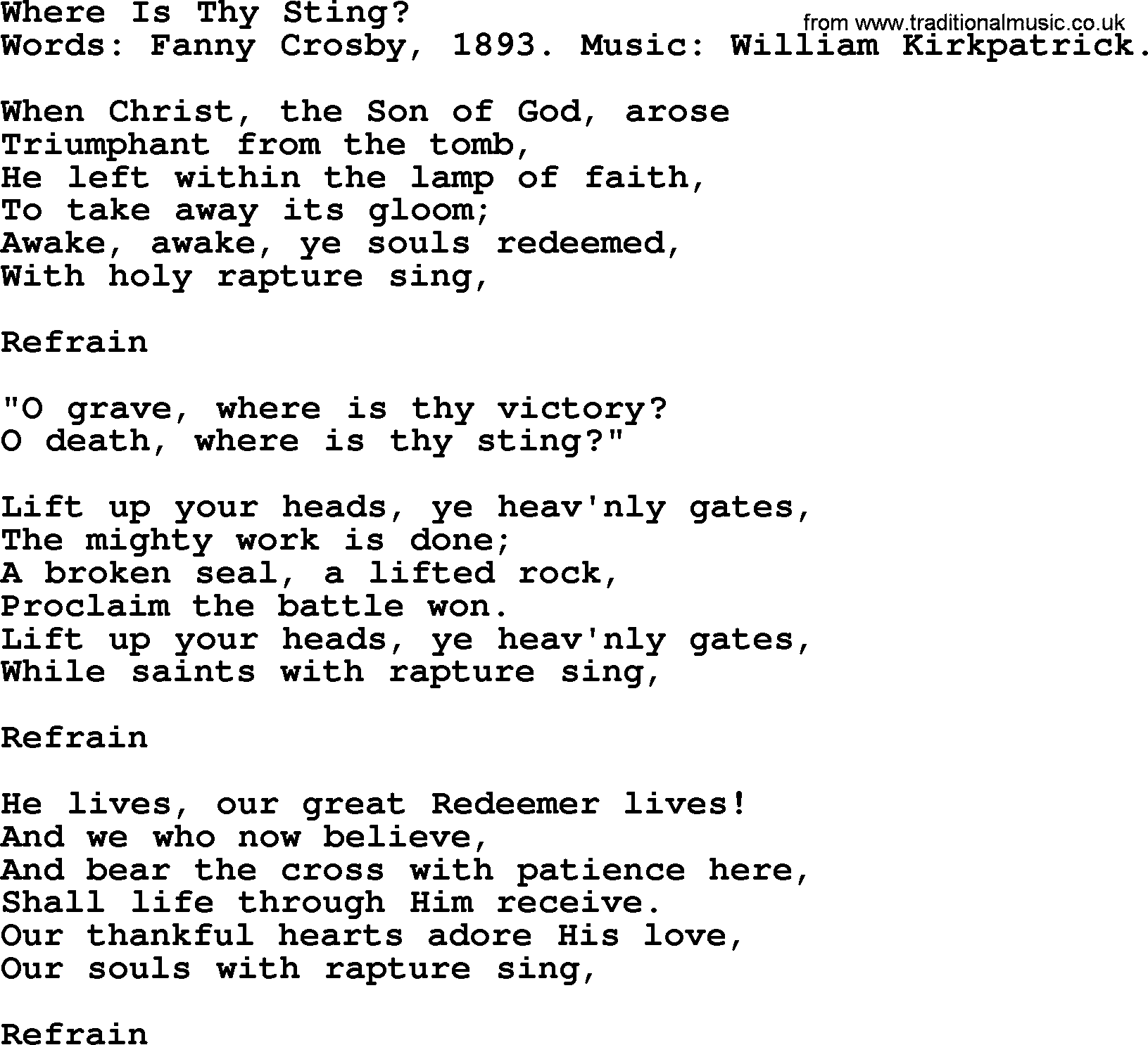 Fanny Crosby song: Where Is Thy Sting, lyrics