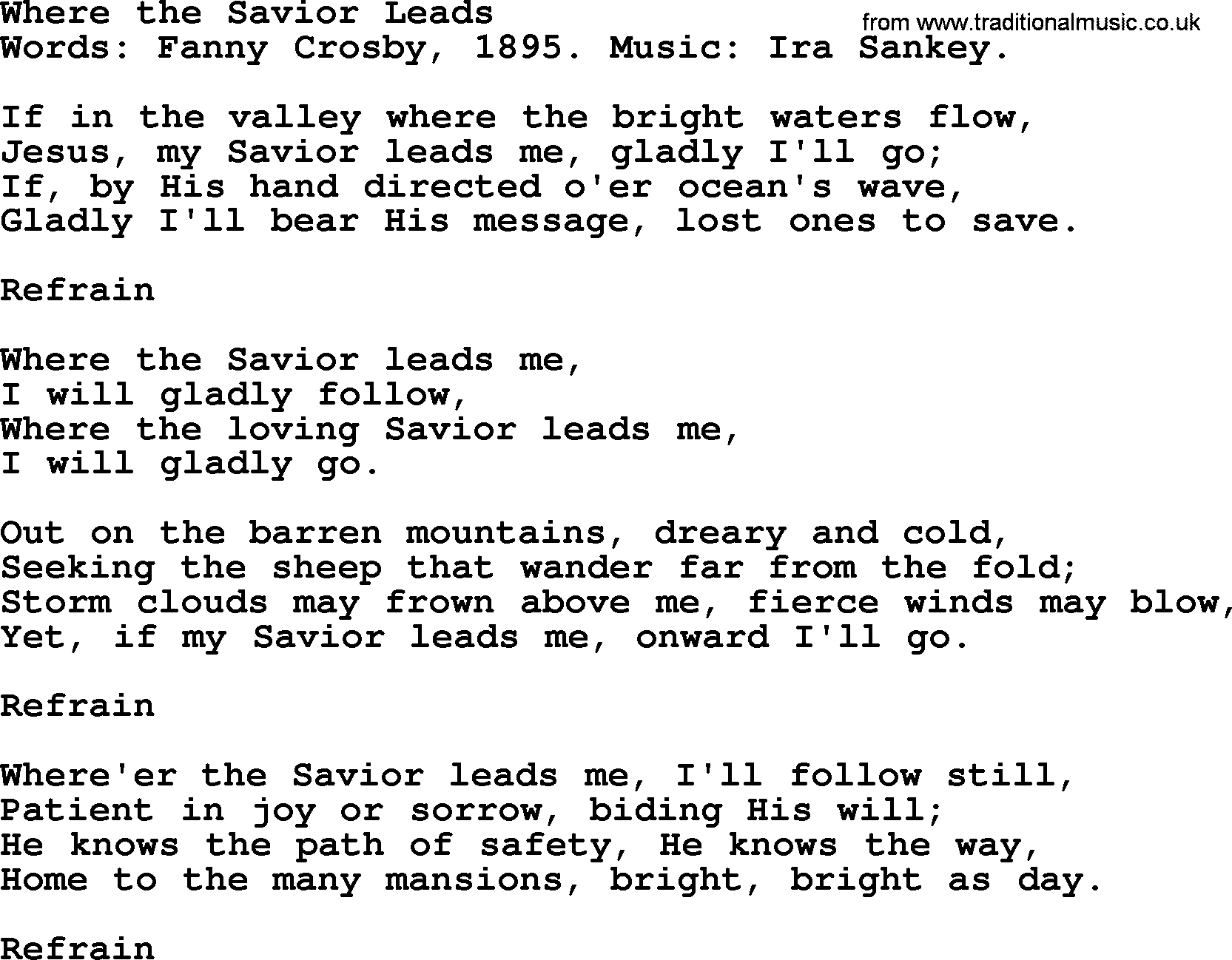 Fanny Crosby song: Where The Savior Leads, lyrics