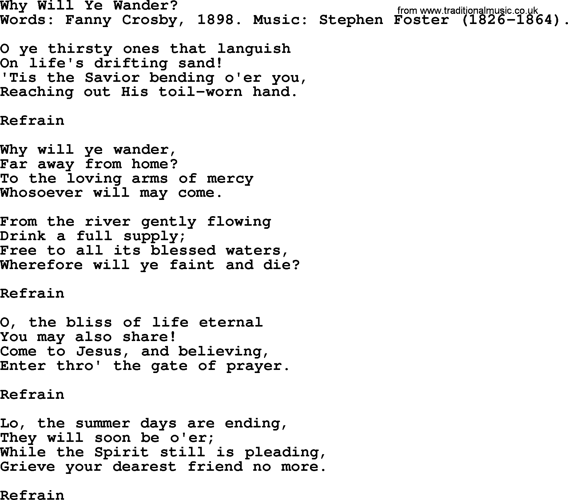 Fanny Crosby song: Why Will Ye Wander, lyrics