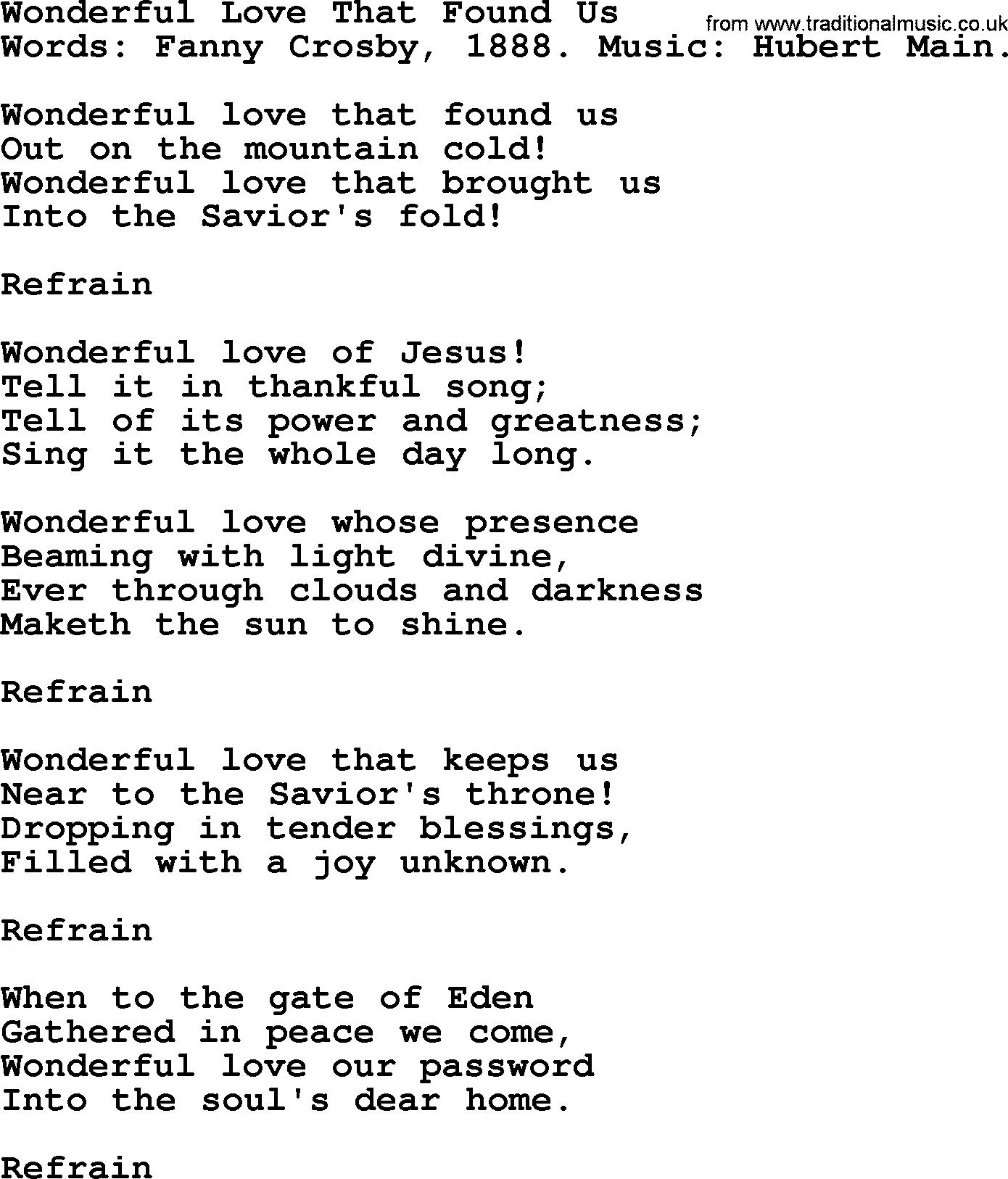 Fanny Crosby song: Wonderful Love That Found Us, lyrics
