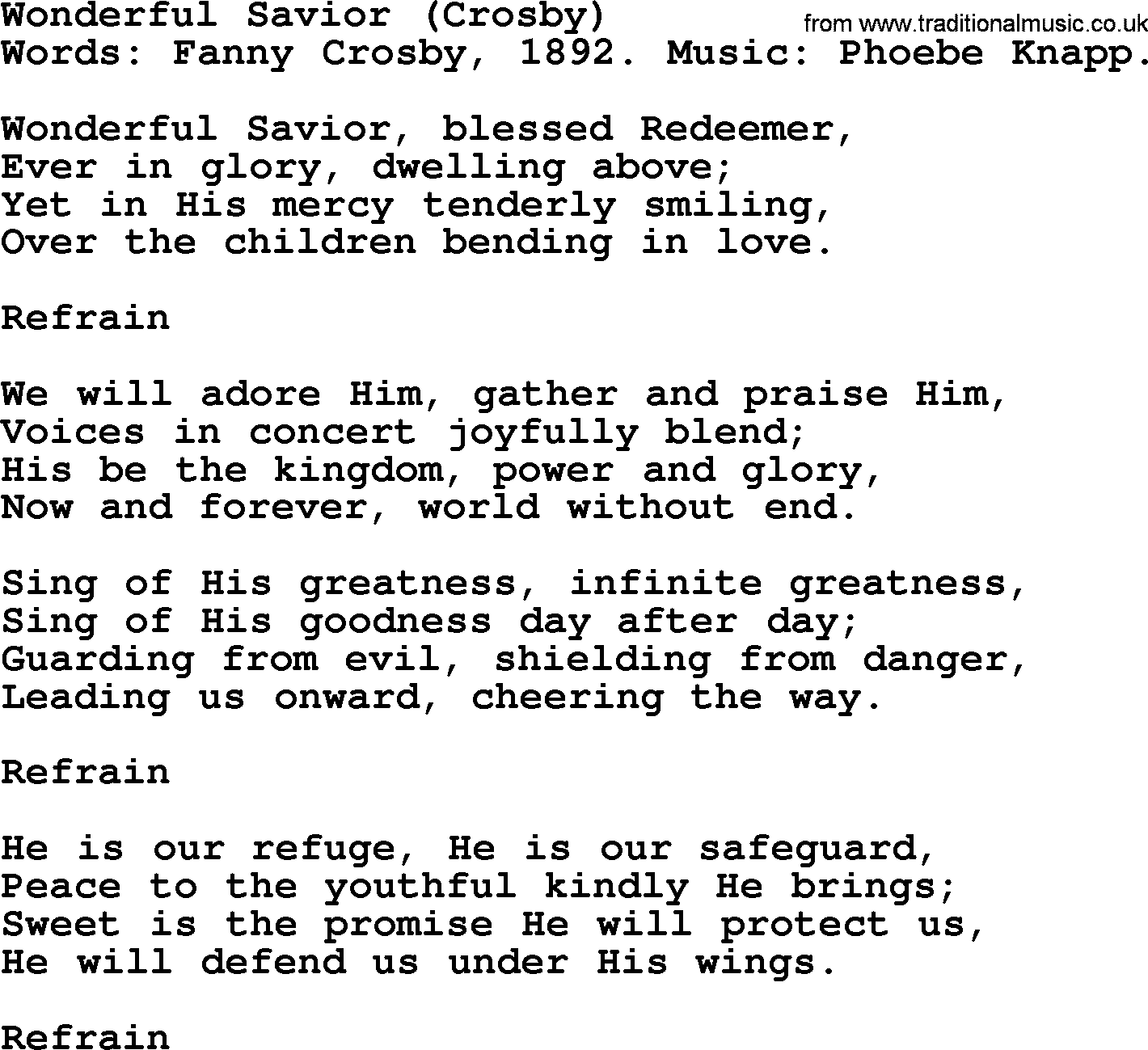 Fanny Crosby song: Wonderful Savior, lyrics