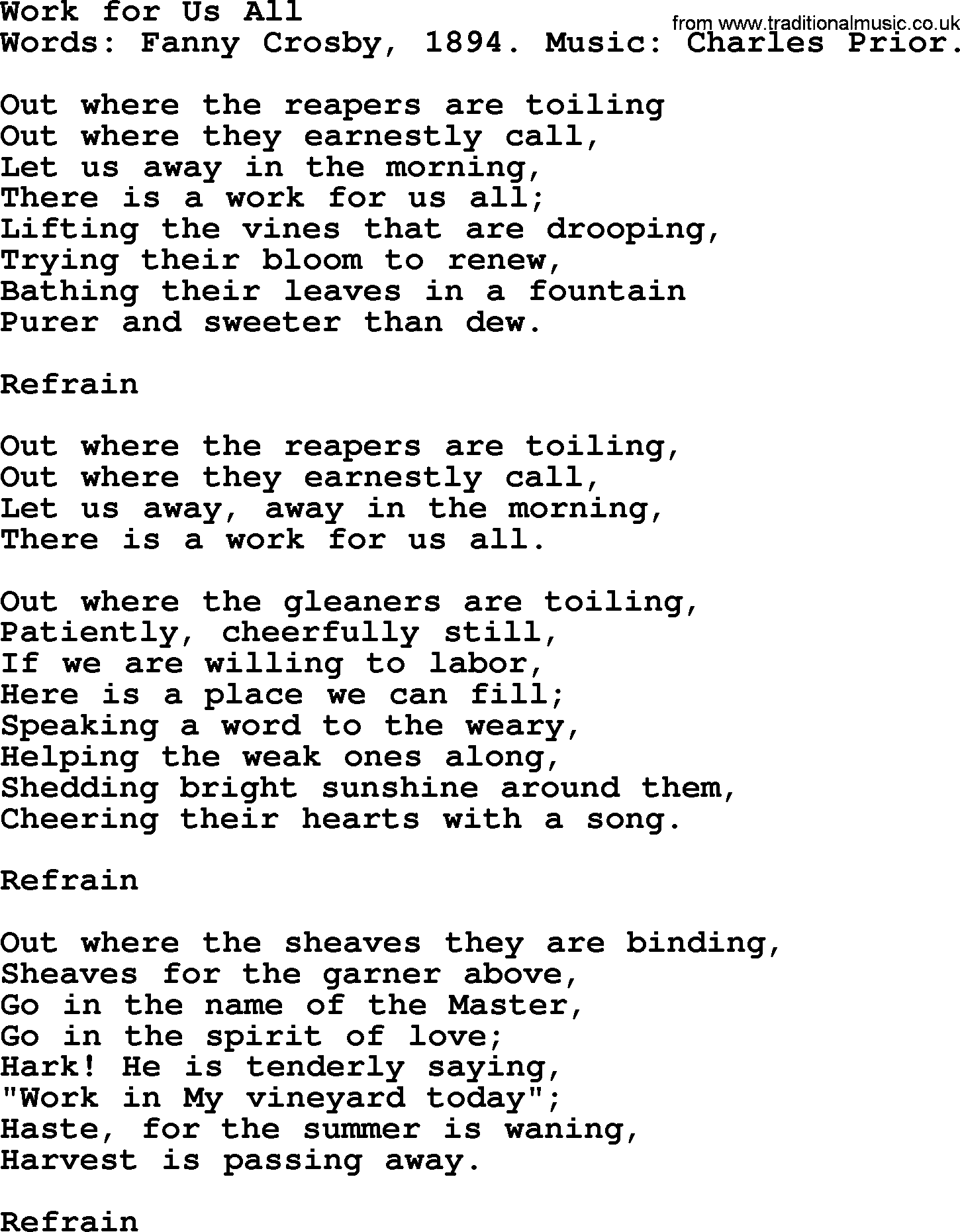 Fanny Crosby song: Work For Us All, lyrics
