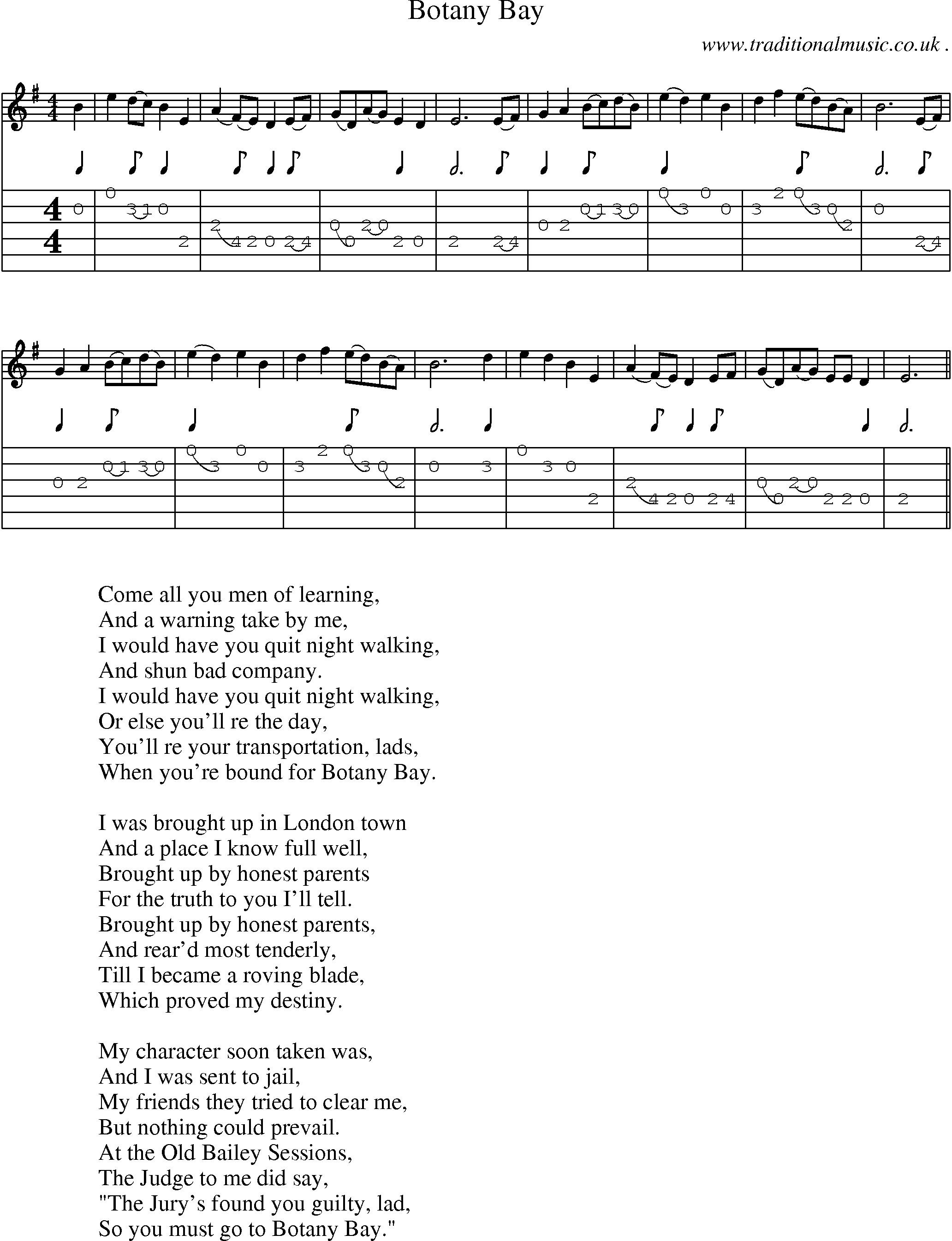 Sheet-Music and Guitar Tabs for Botany Bay