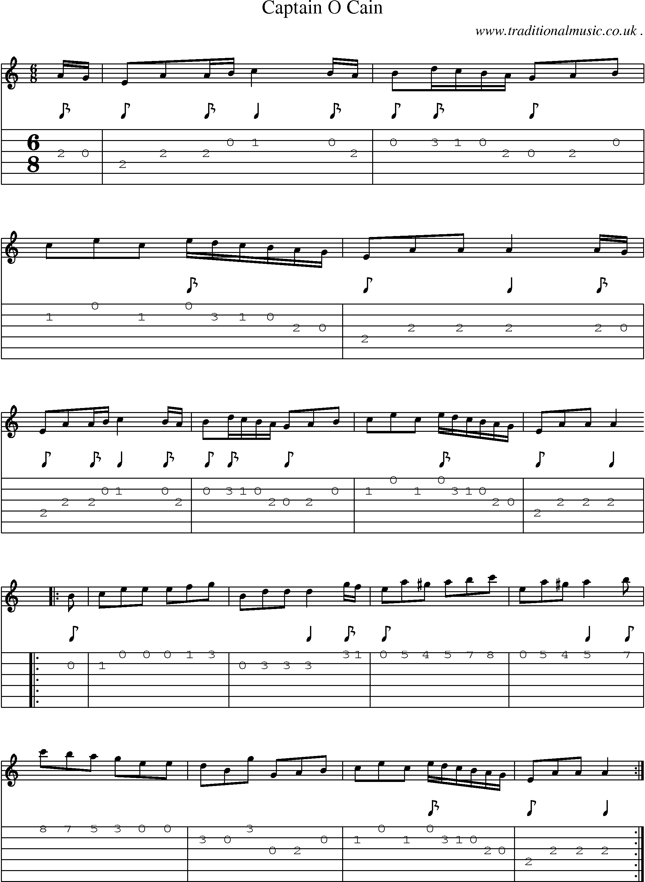 Sheet-Music and Guitar Tabs for Captain O Cain