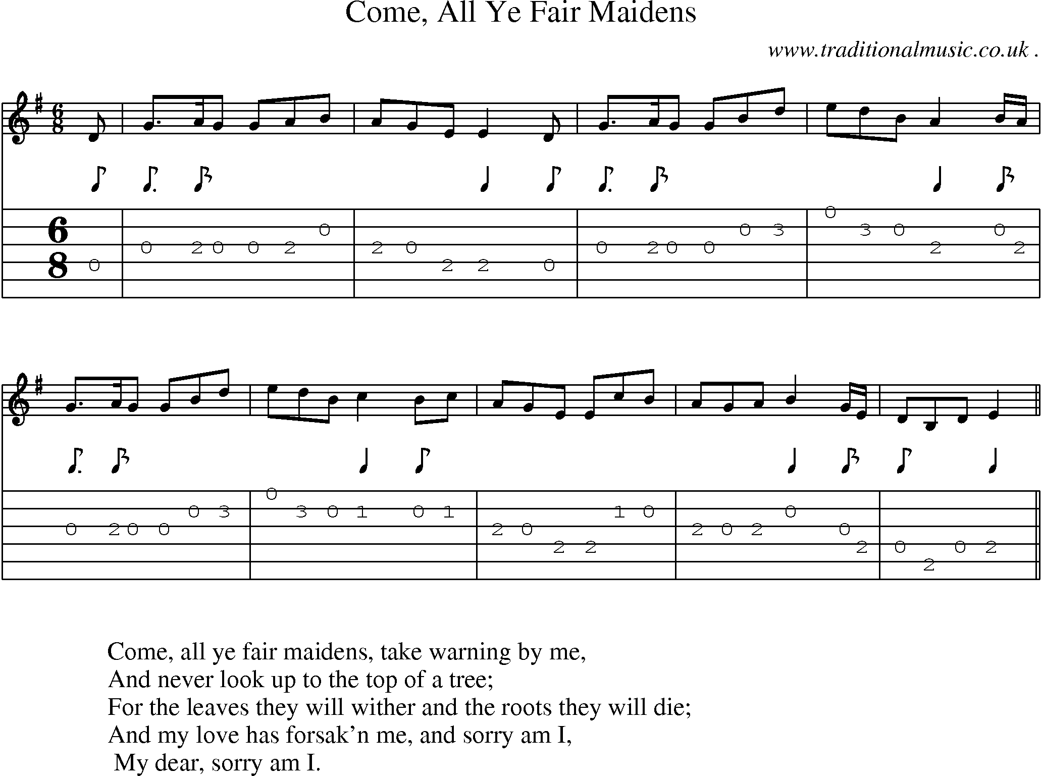 Sheet-Music and Guitar Tabs for Come All Ye Fair Maidens
