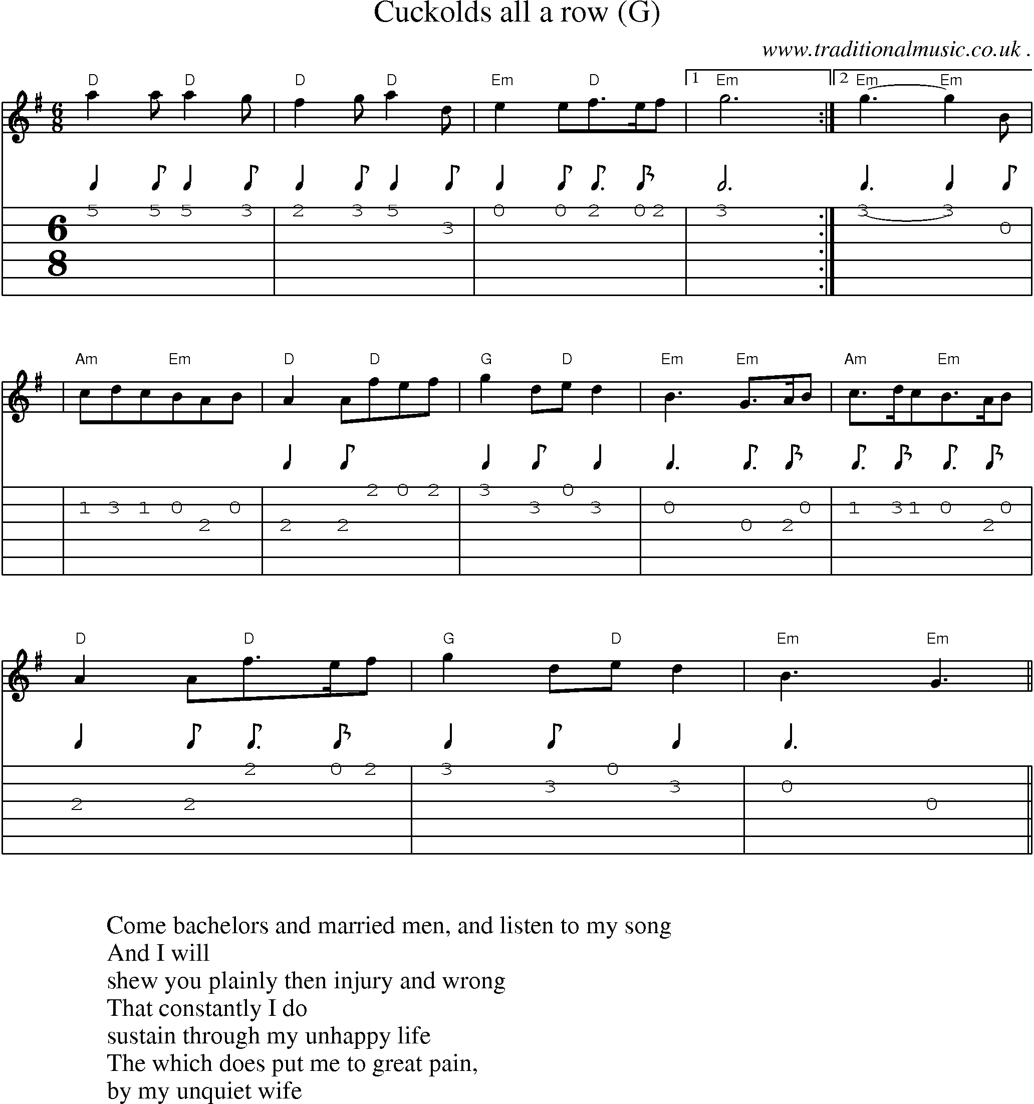 Sheet-Music and Guitar Tabs for Cuckolds All A Row (g)