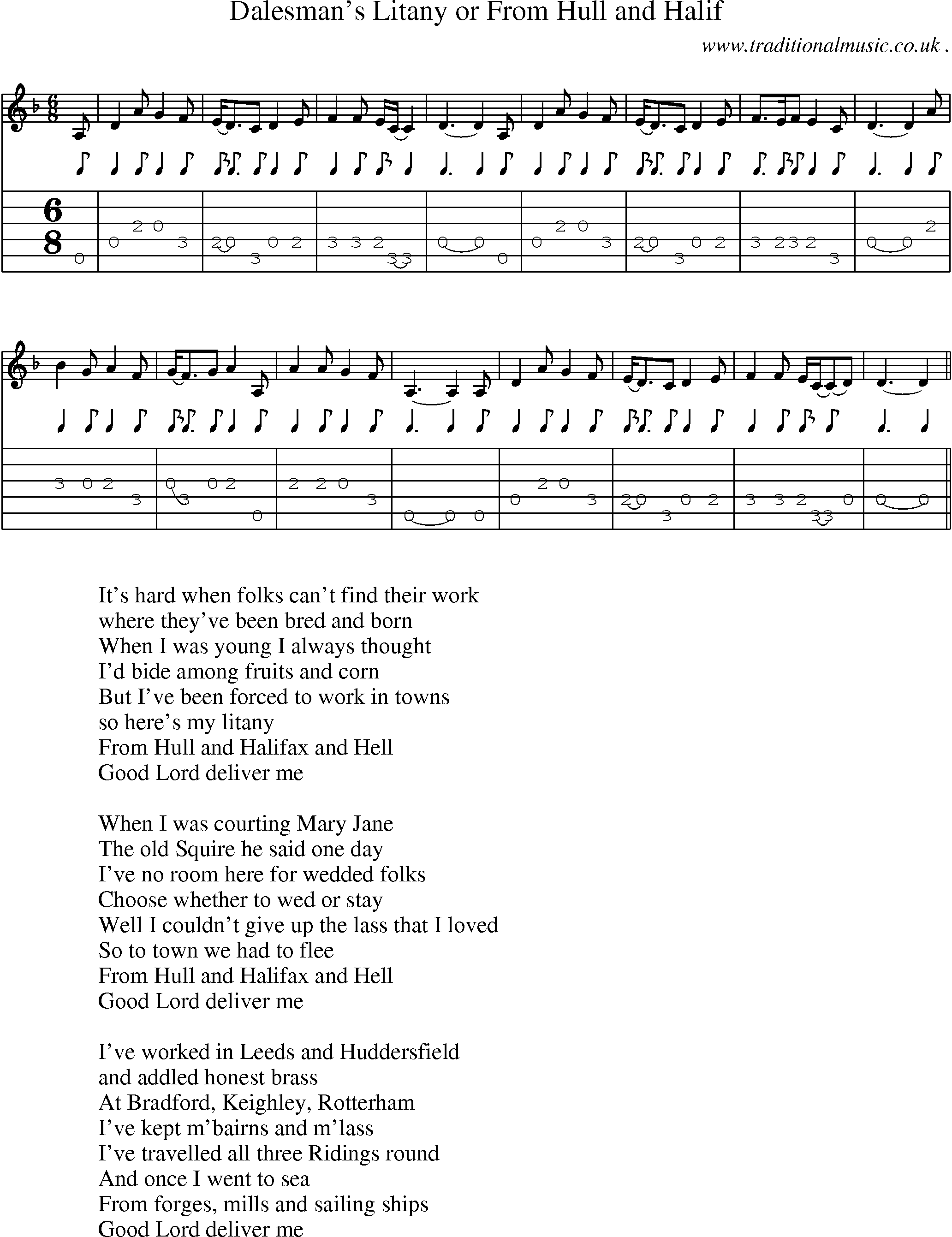 Sheet-Music and Guitar Tabs for Dalesmans Litany Or From Hull And Halif