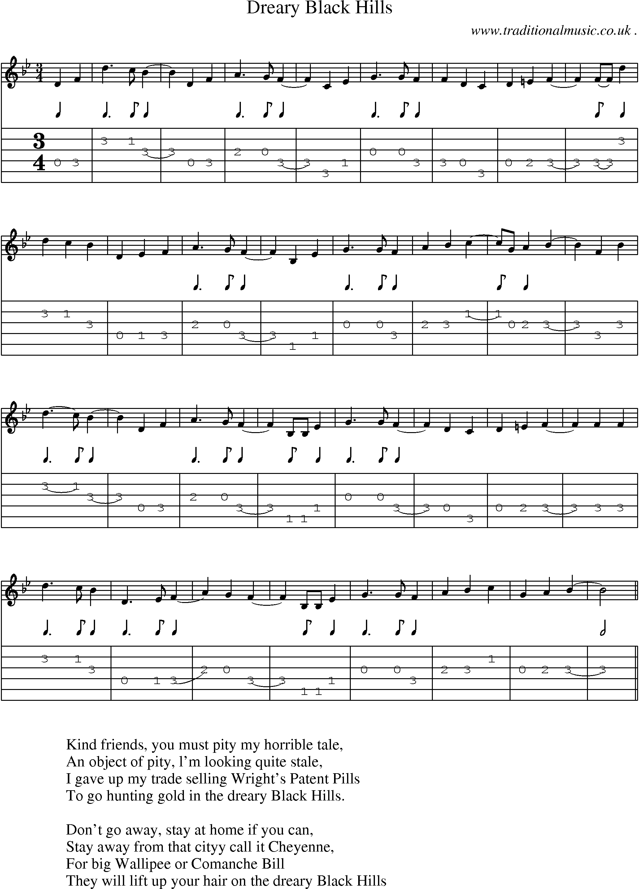 Sheet-Music and Guitar Tabs for Dreary Black Hills