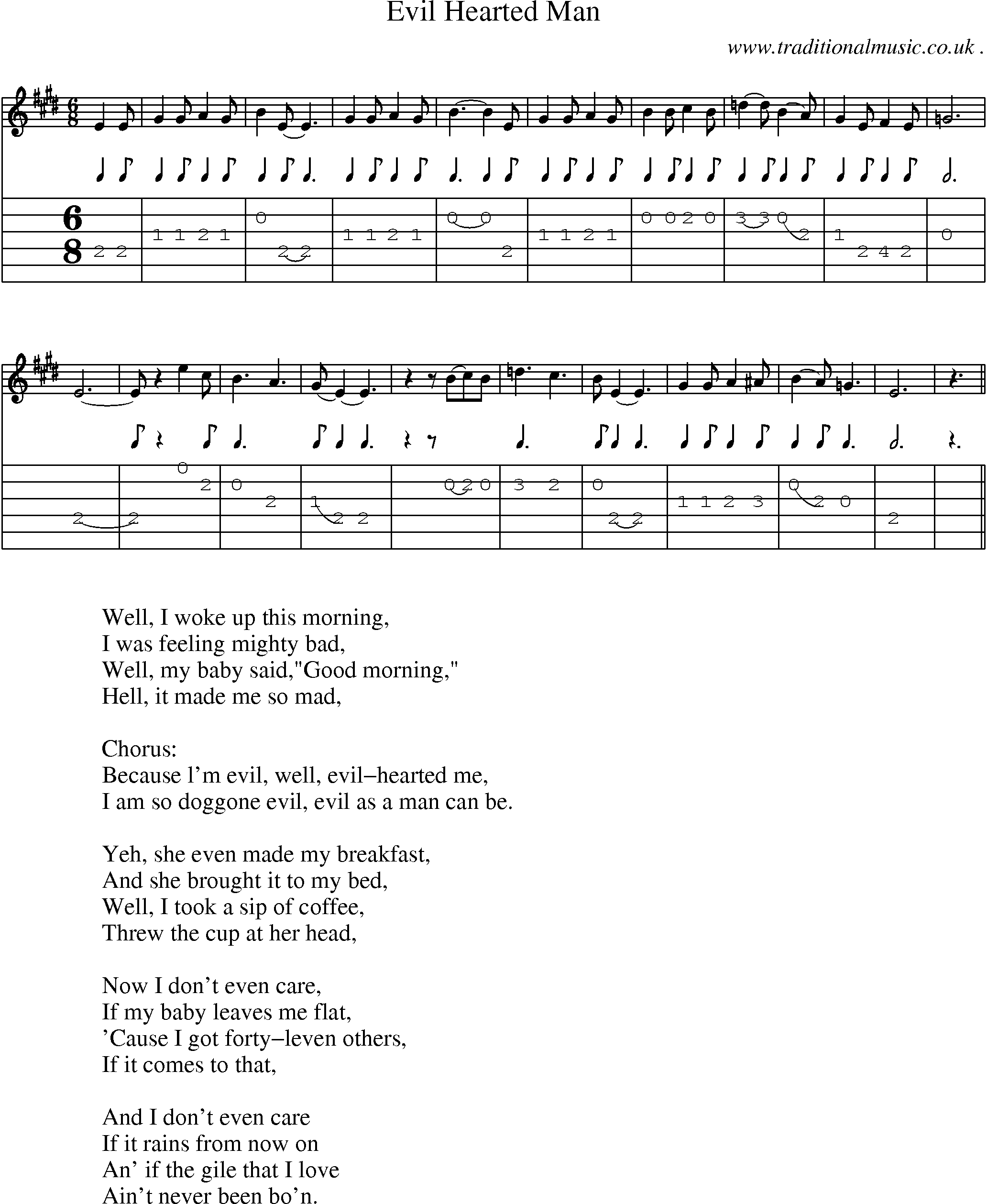 Sheet-Music and Guitar Tabs for Evil Hearted Man
