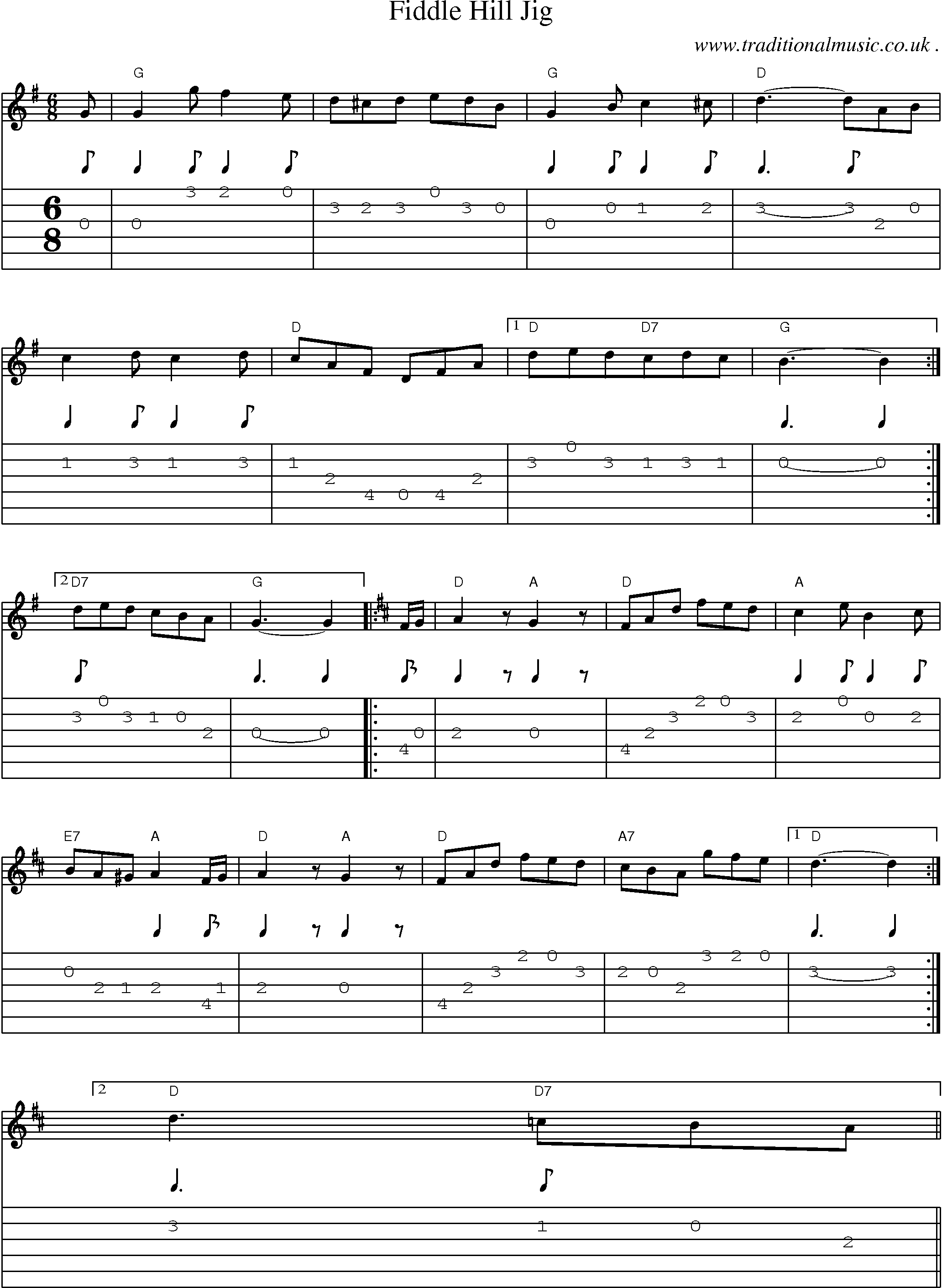 Sheet-Music and Guitar Tabs for Fiddle Hill Jig