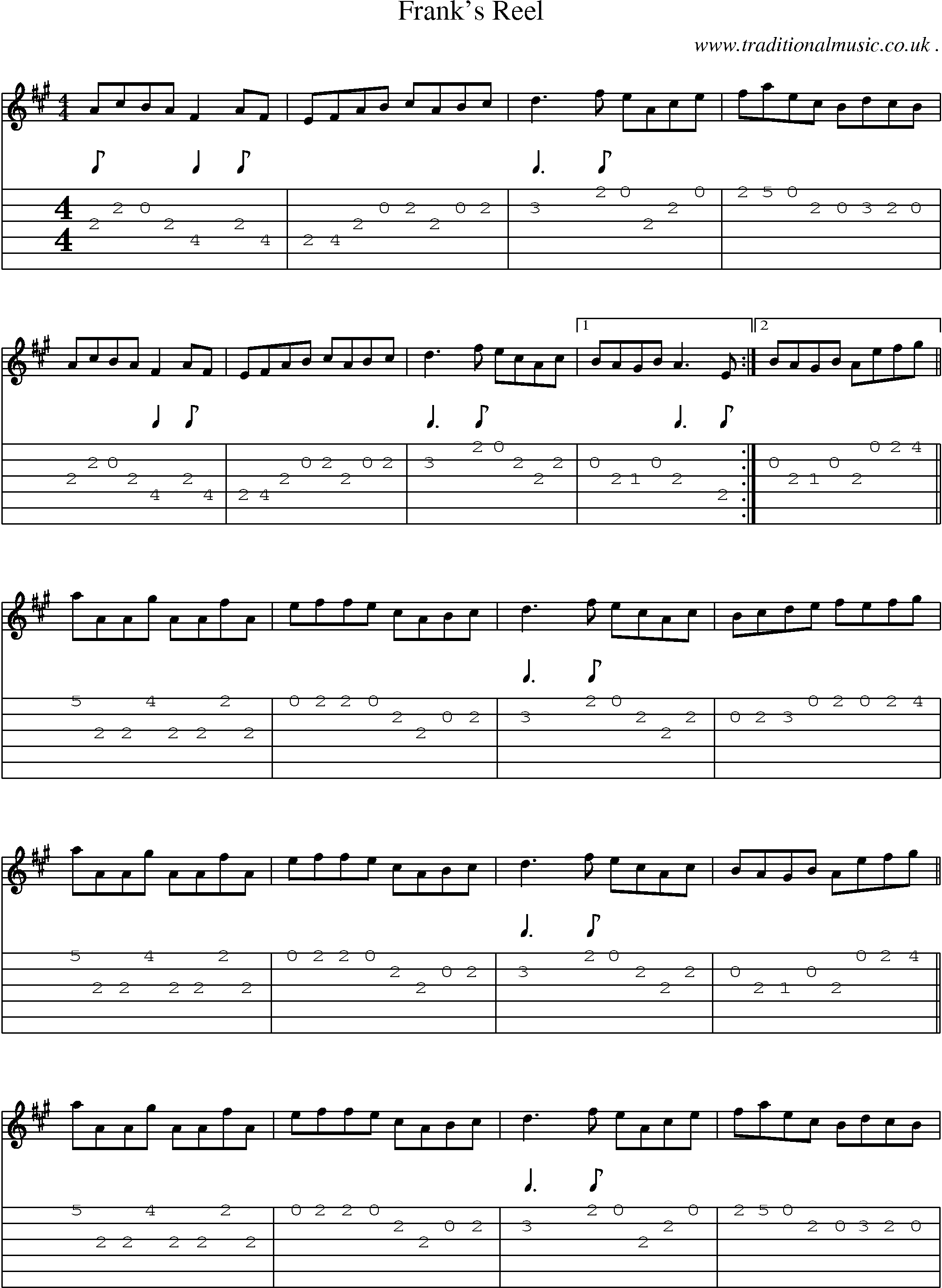 Sheet-Music and Guitar Tabs for Franks Reel