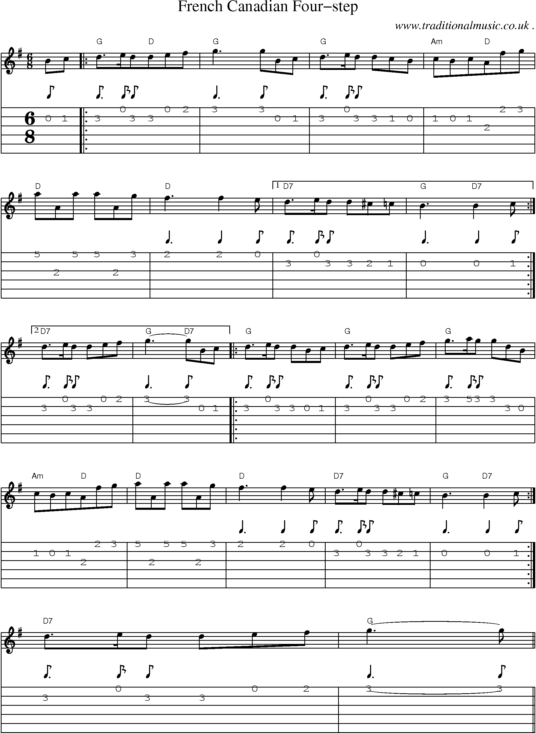 Sheet-Music and Guitar Tabs for French Canadian Four-step