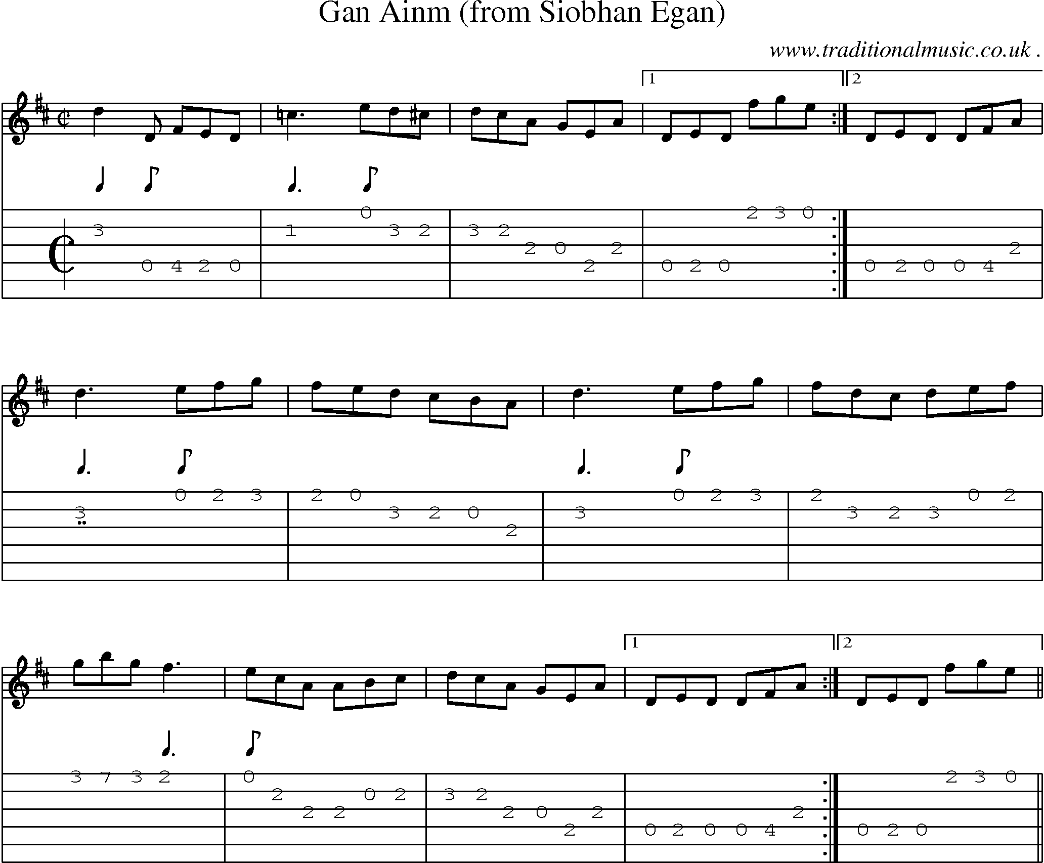 Sheet-Music and Guitar Tabs for Gan Ainm (from Siobhan Egan)