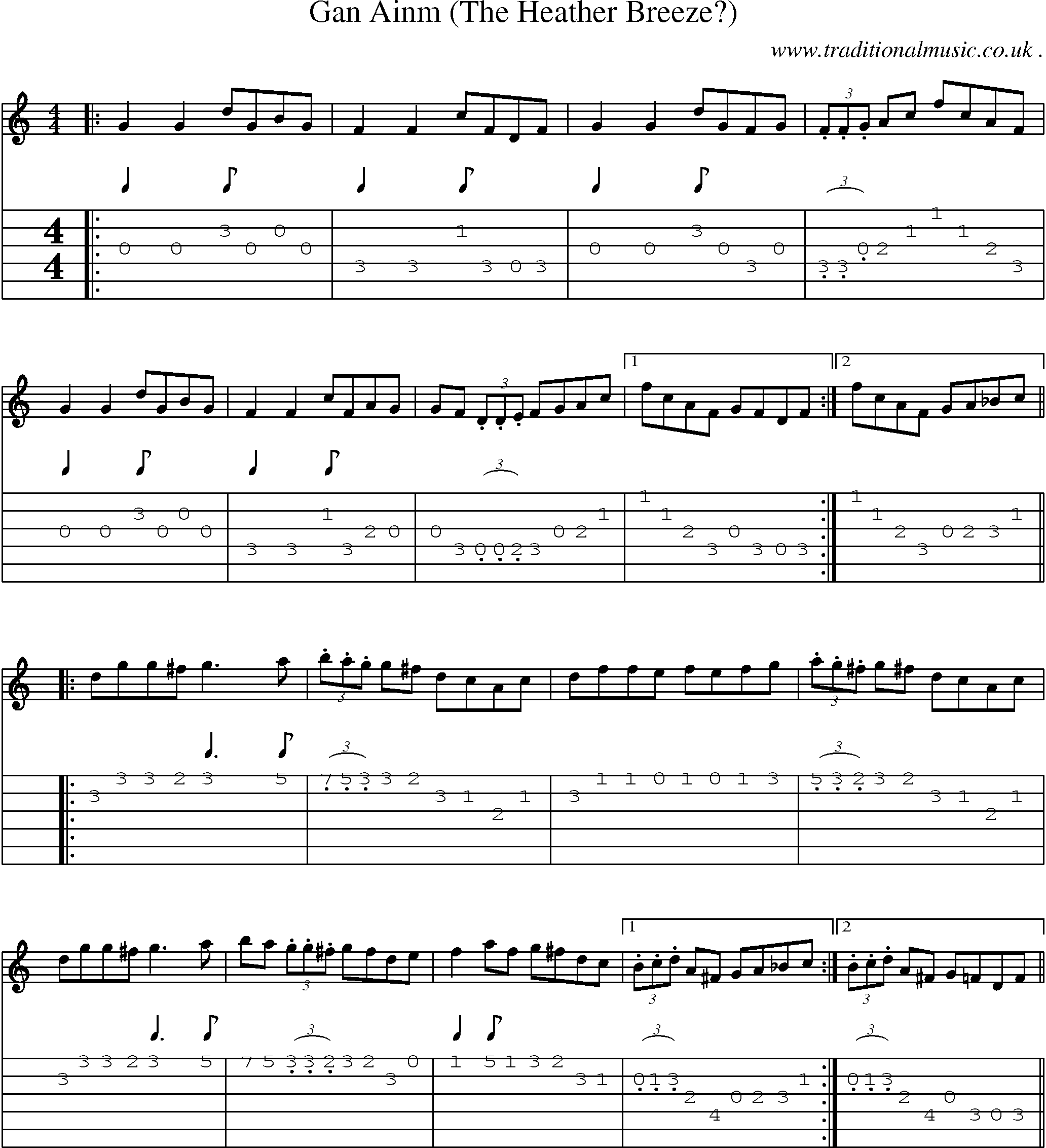 Sheet-Music and Guitar Tabs for Gan Ainm (the Heather Breeze)
