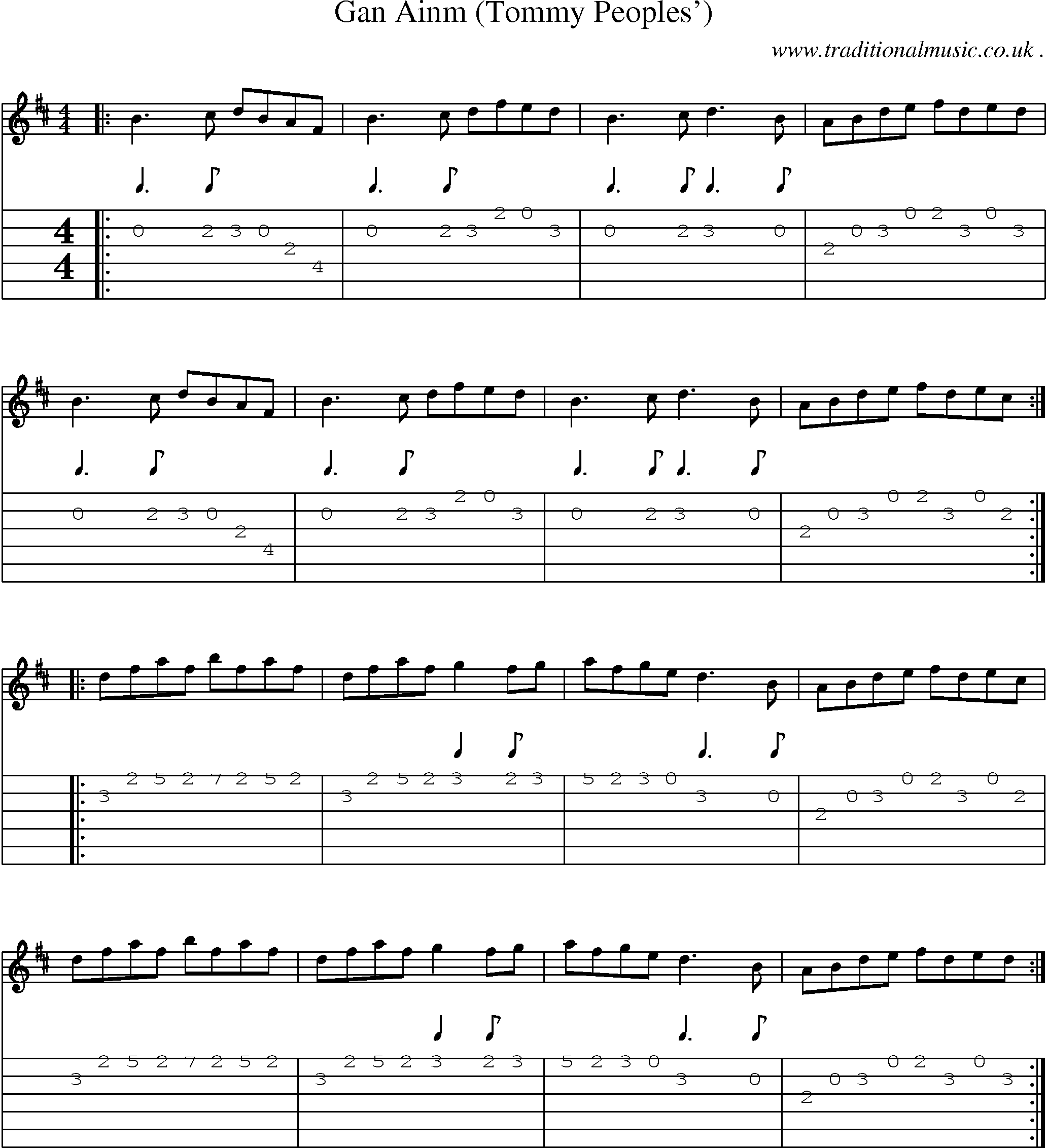 Sheet-Music and Guitar Tabs for Gan Ainm (tommy Peoples)