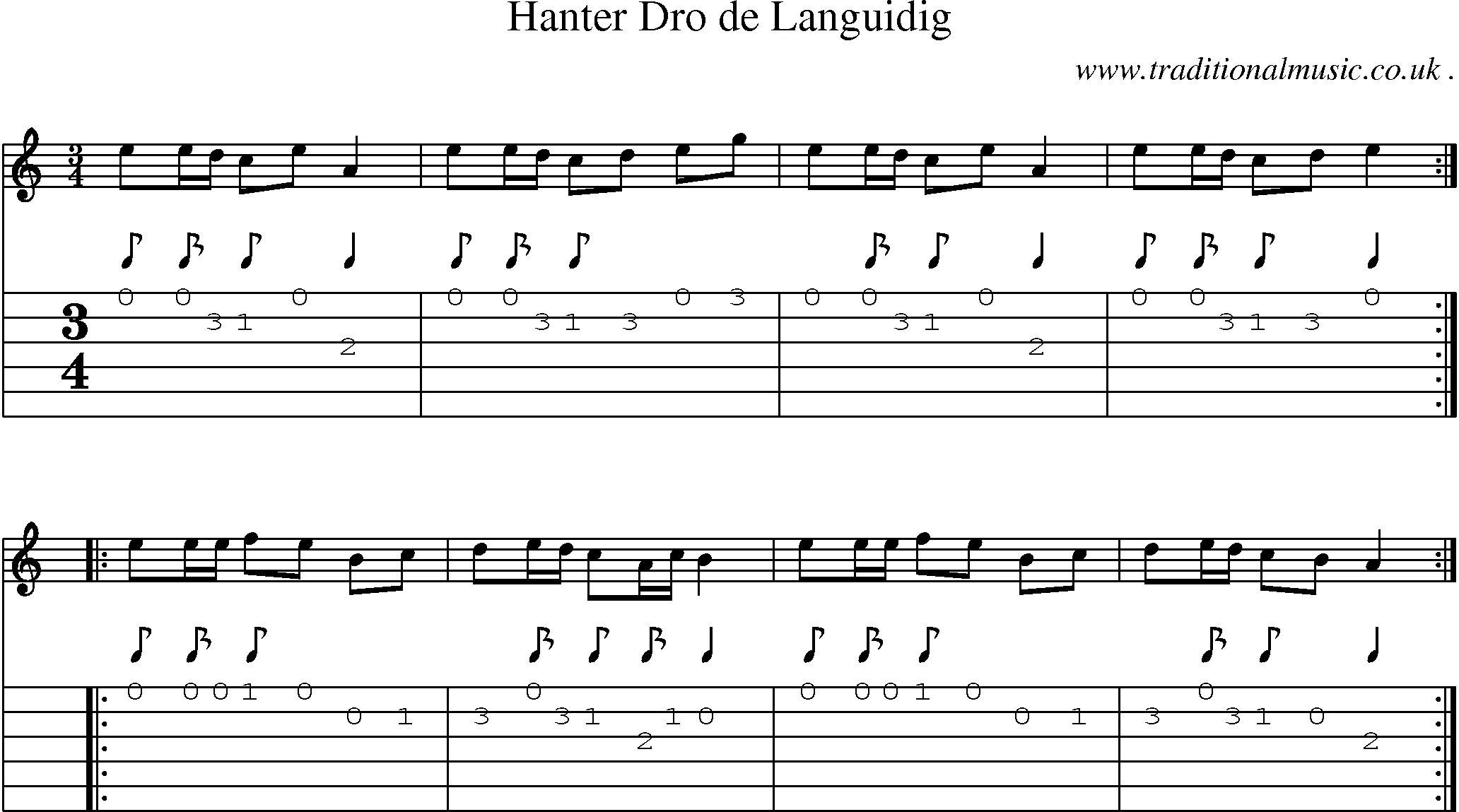 Sheet-Music and Guitar Tabs for Hanter Dro De Languidig
