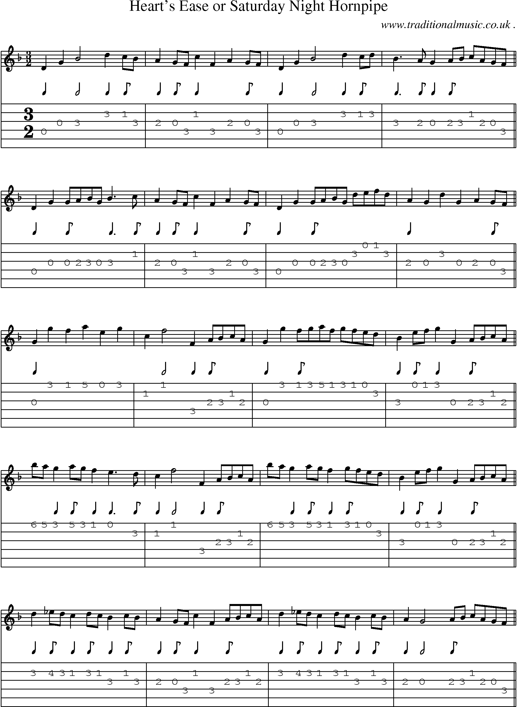 Sheet-Music and Guitar Tabs for Hearts Ease Or Saturday Night Hornpipe