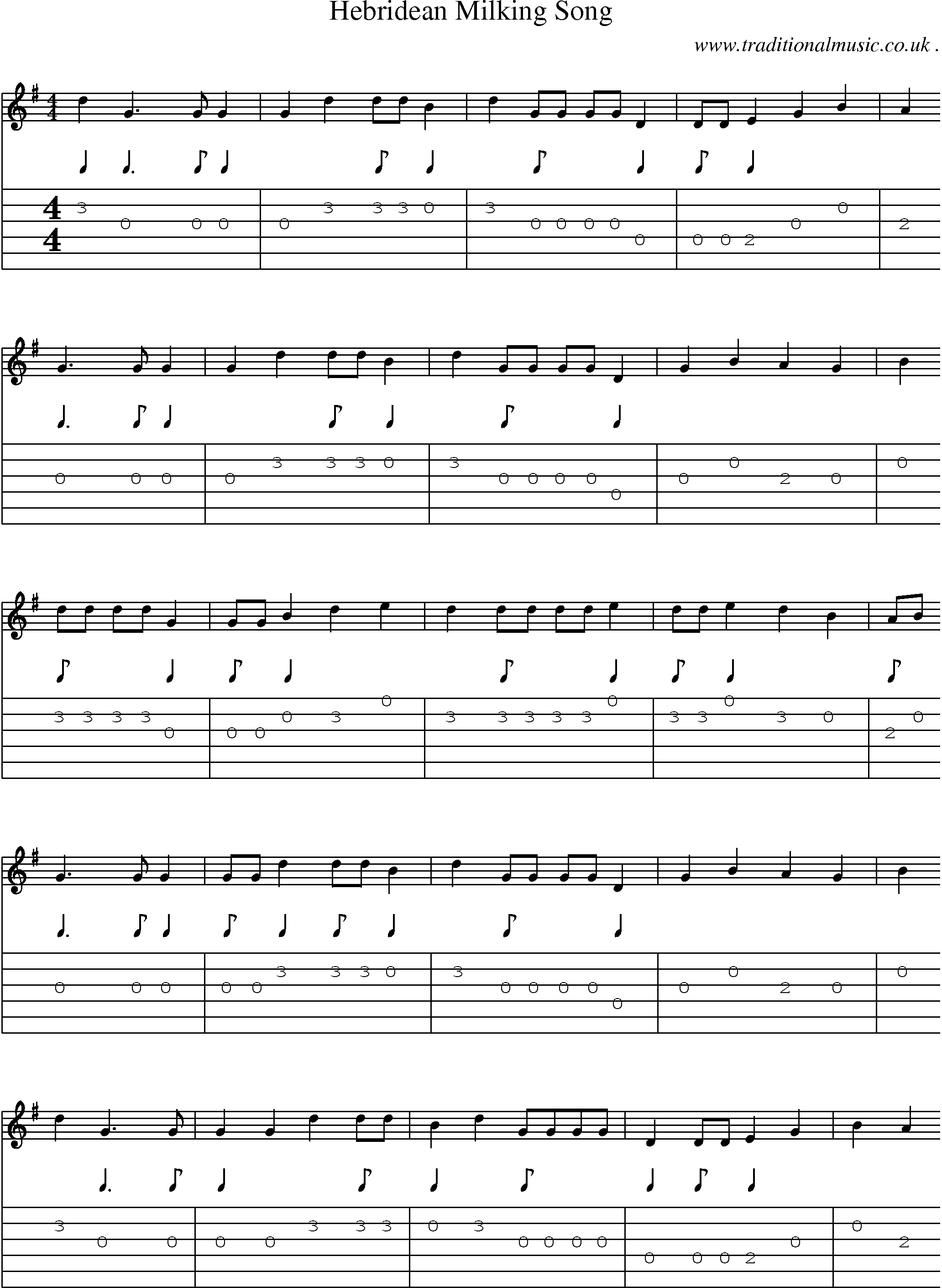 Sheet-Music and Guitar Tabs for Hebridean Milking Song