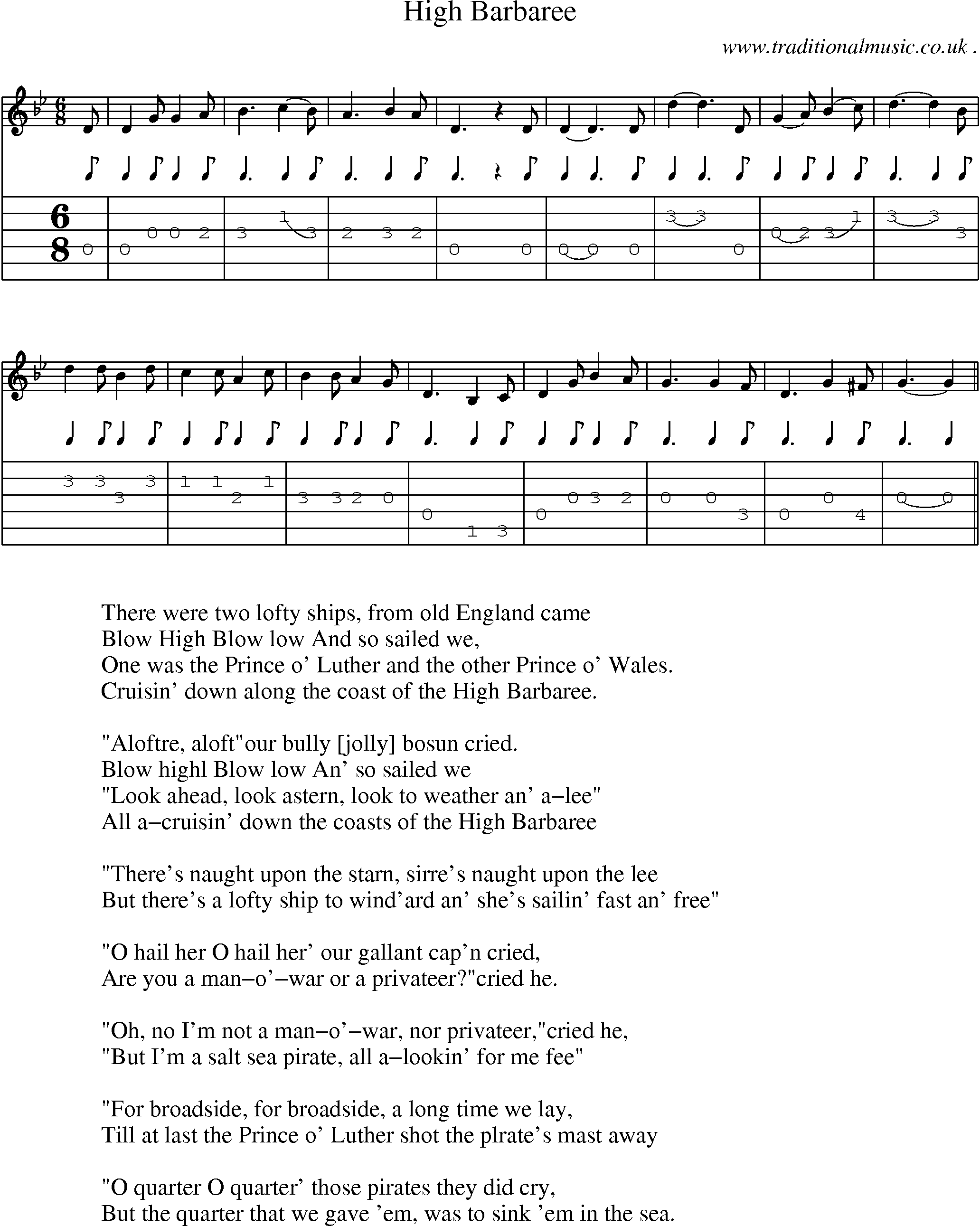 Sheet-Music and Guitar Tabs for High Barbaree