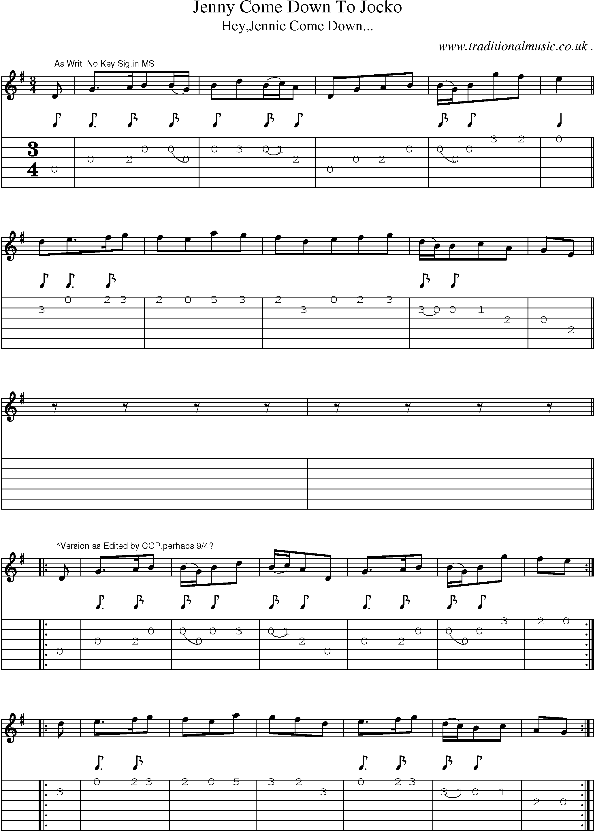 Sheet-Music and Guitar Tabs for Jenny Come Down To Jocko