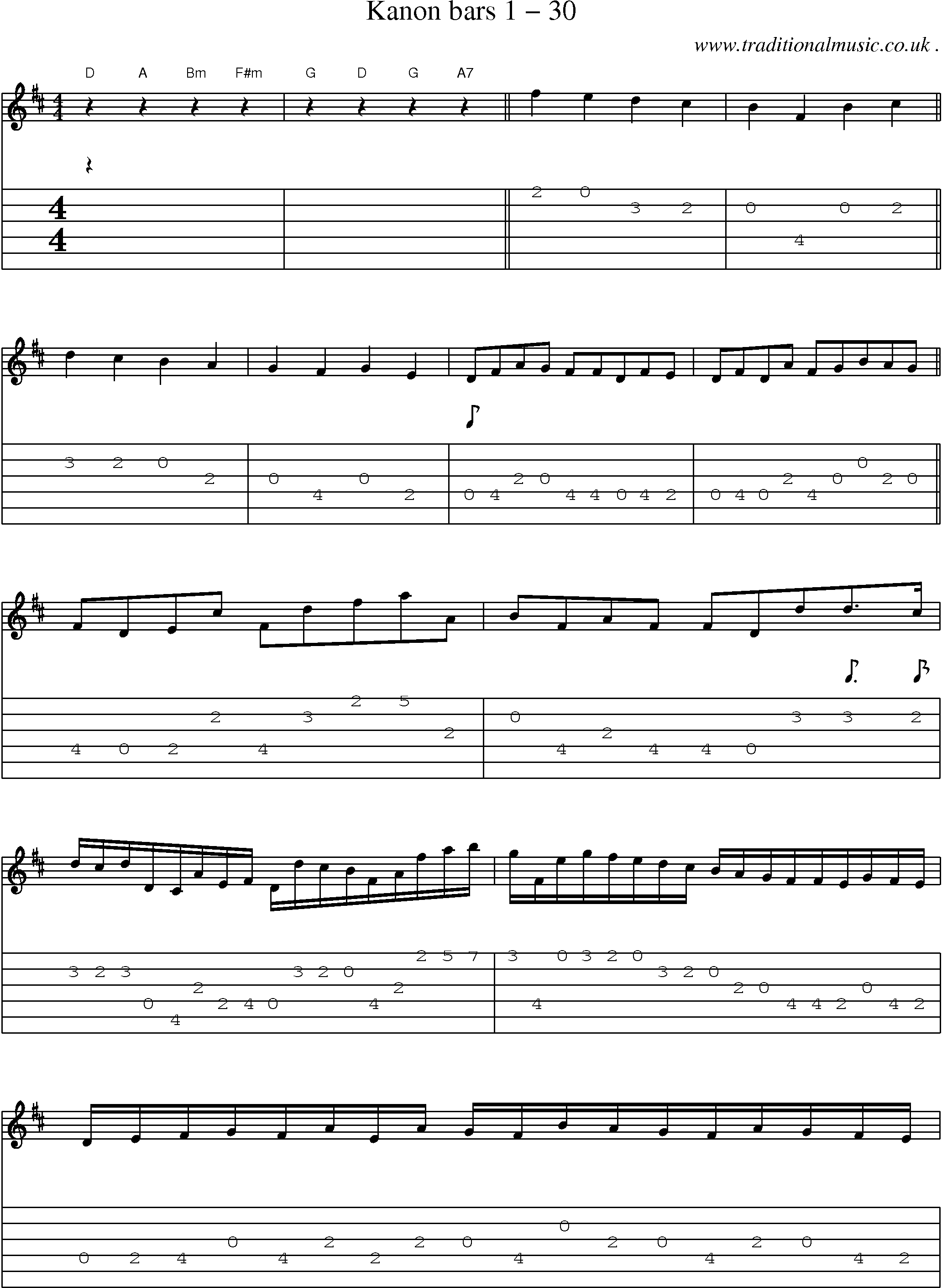 Sheet-Music and Guitar Tabs for Kanon Bars 1 30