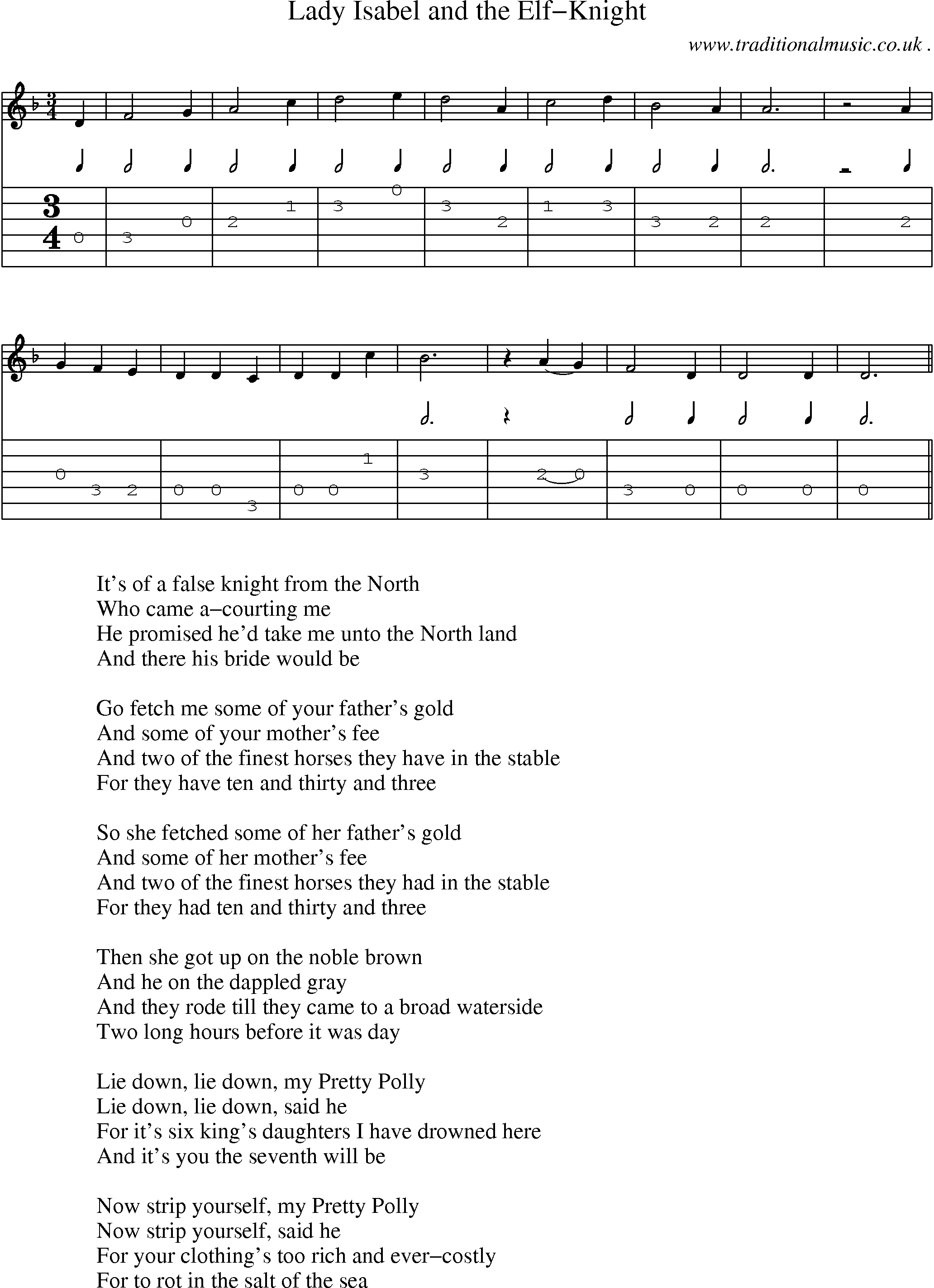 Sheet-Music and Guitar Tabs for Lady Isabel And The Elf-knight