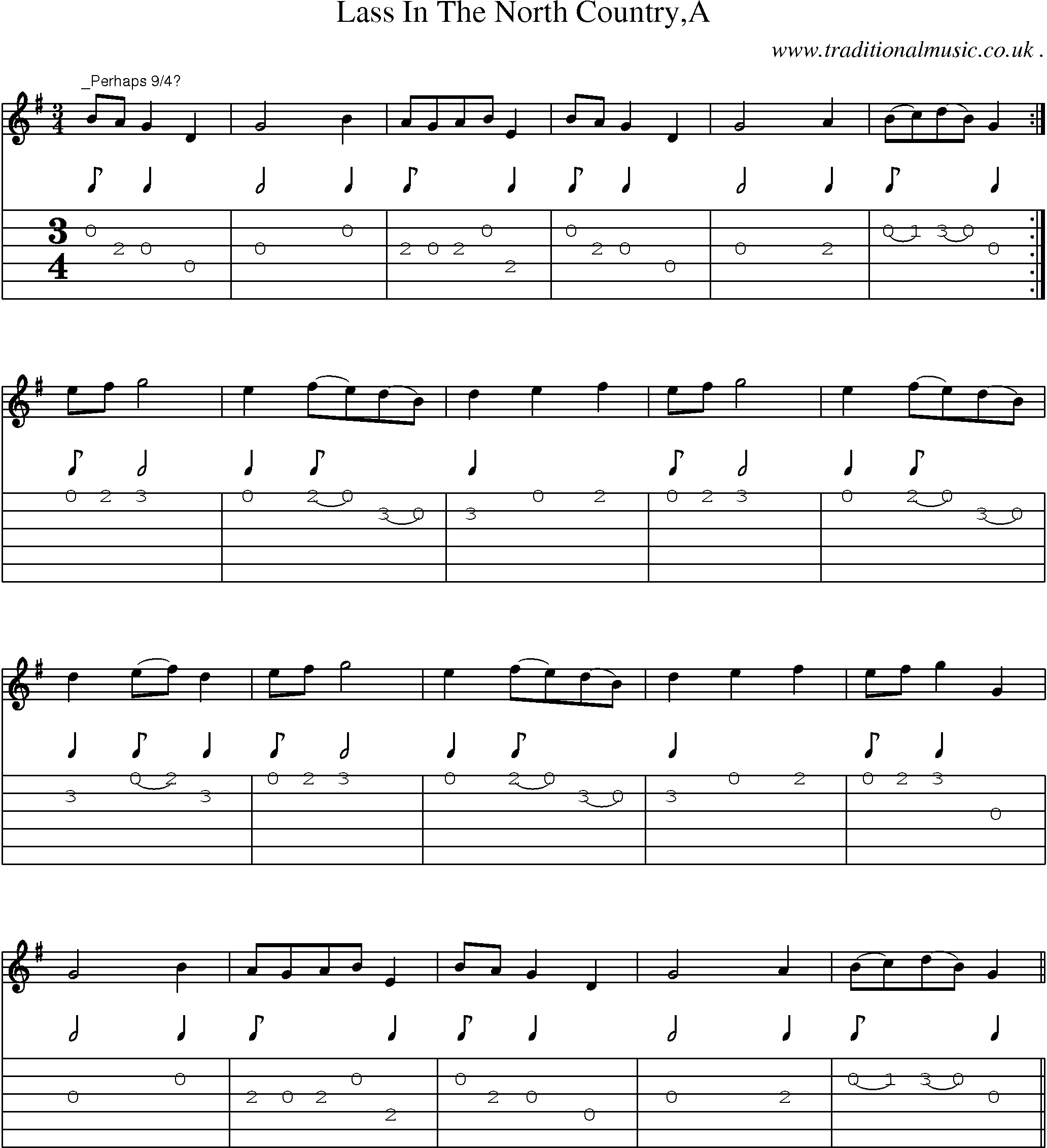 Sheet-Music and Guitar Tabs for Lass In The North Countrya