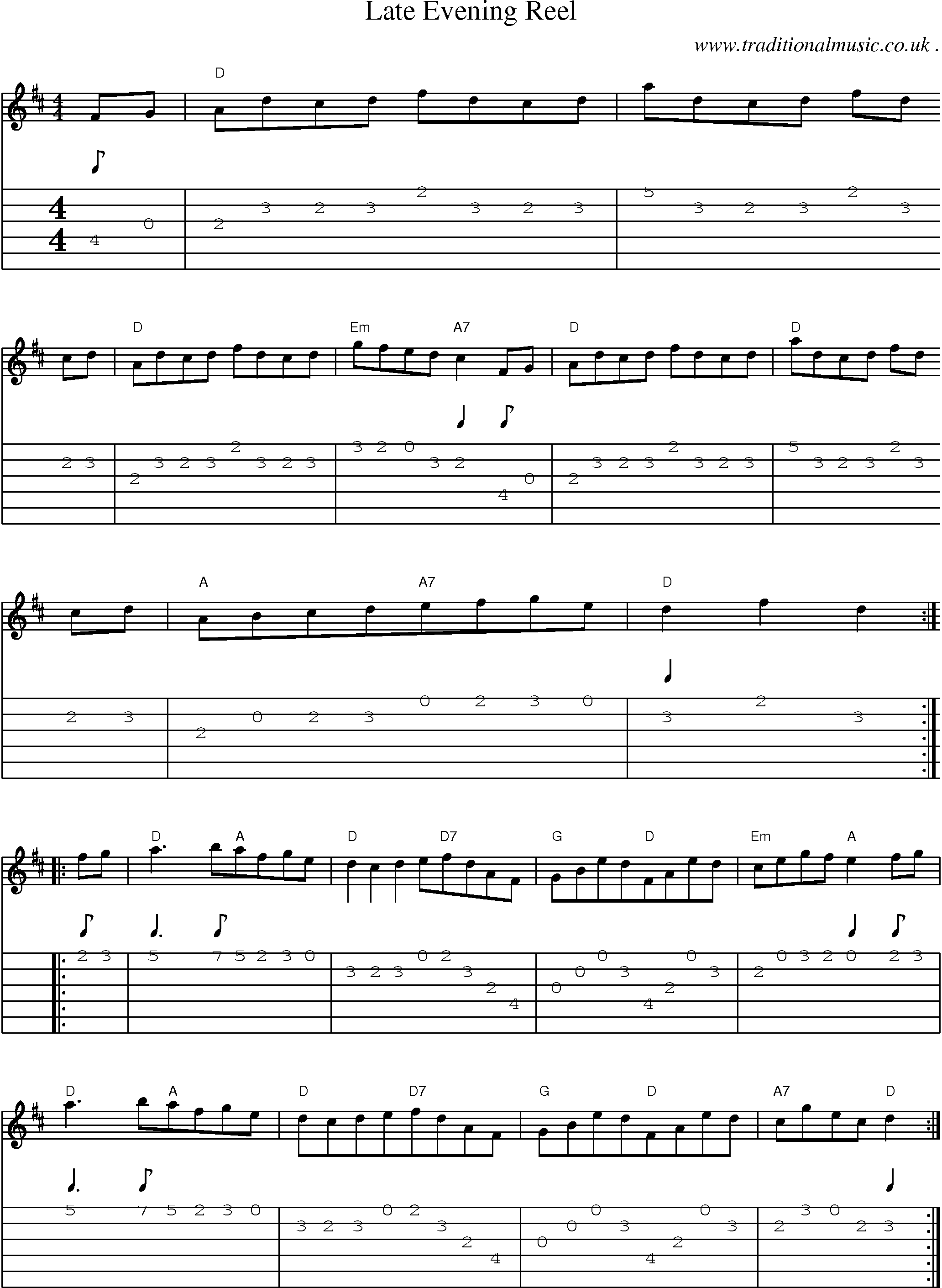 Sheet-Music and Guitar Tabs for Late Evening Reel