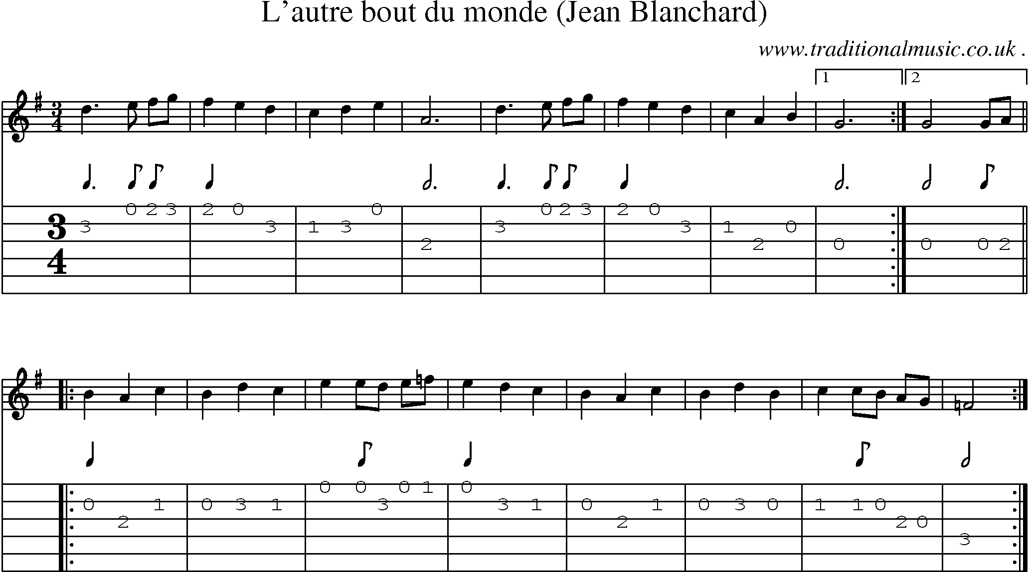Sheet-Music and Guitar Tabs for Lautre Bout Du Monde (jean Blanchard)