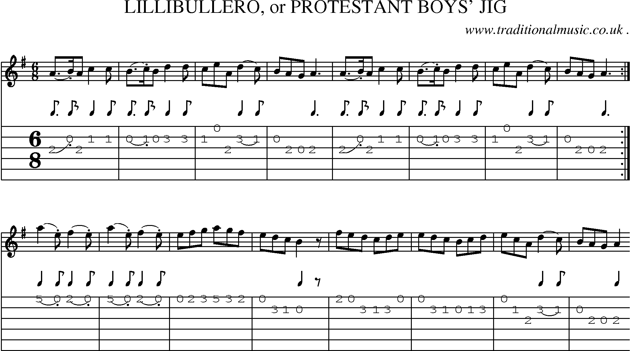 Sheet-Music and Guitar Tabs for Lillibullero Or Protestant Boys Jig