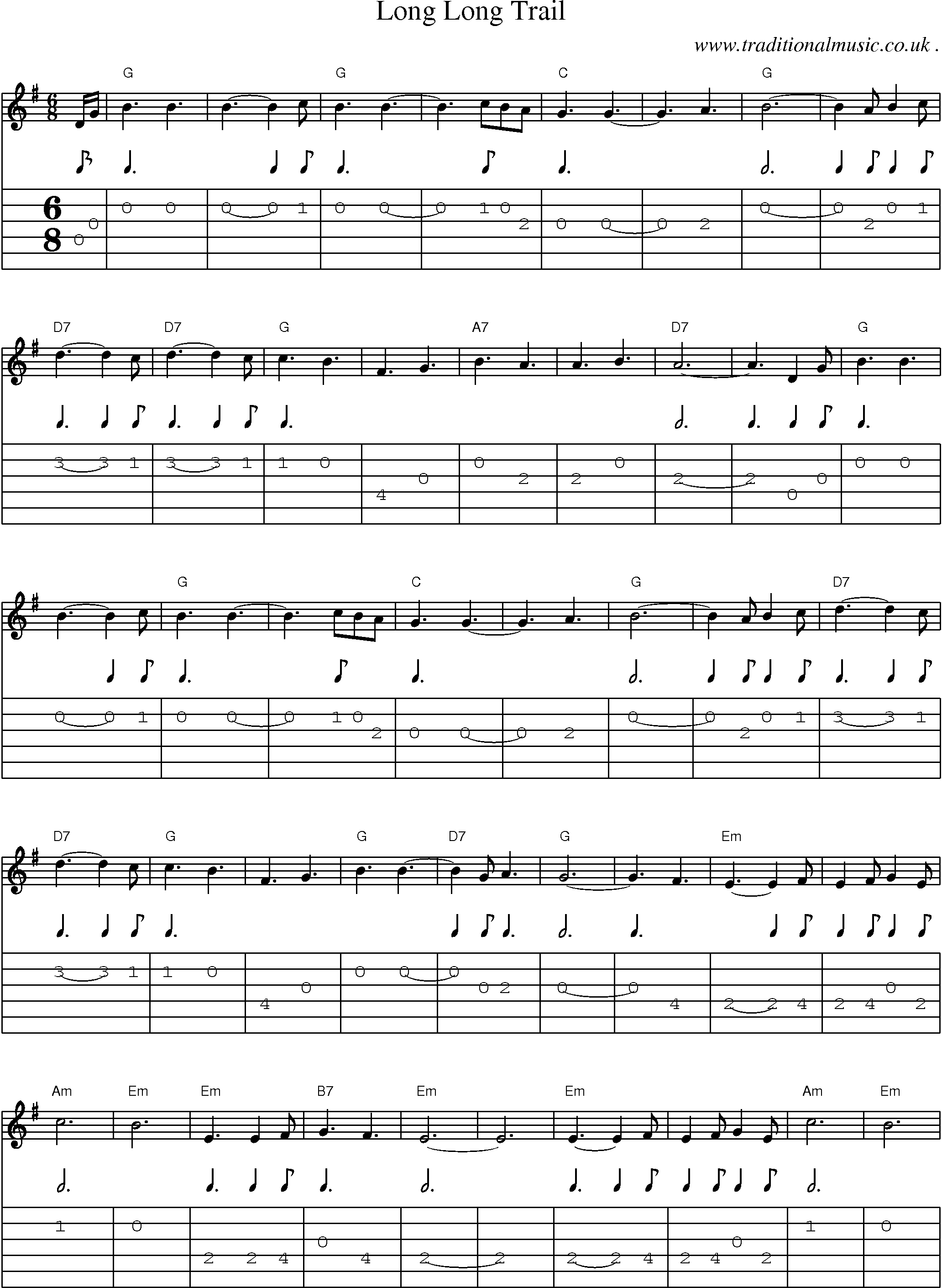Sheet-Music and Guitar Tabs for Long Long Trail