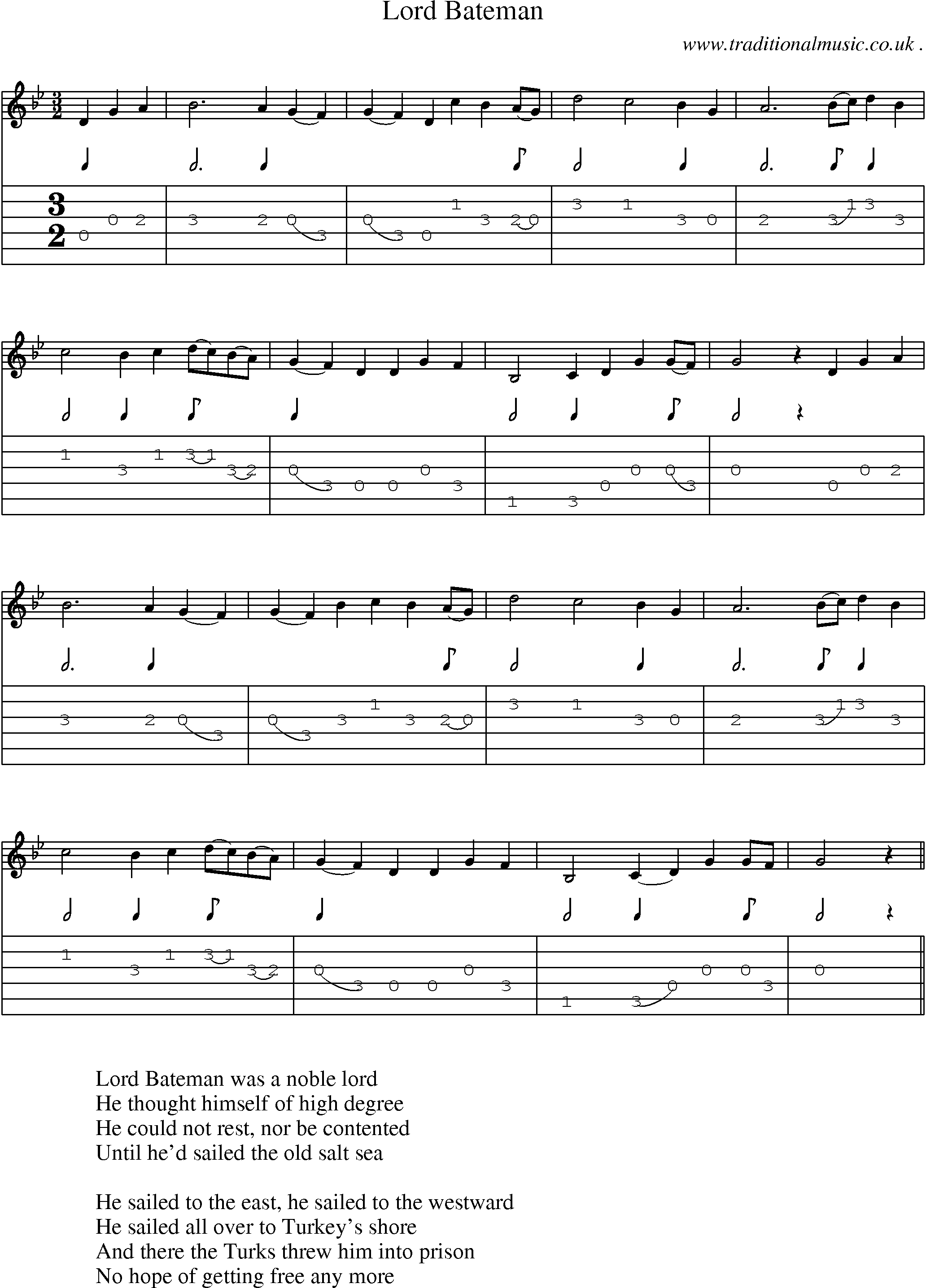 Sheet-Music and Guitar Tabs for Lord Bateman