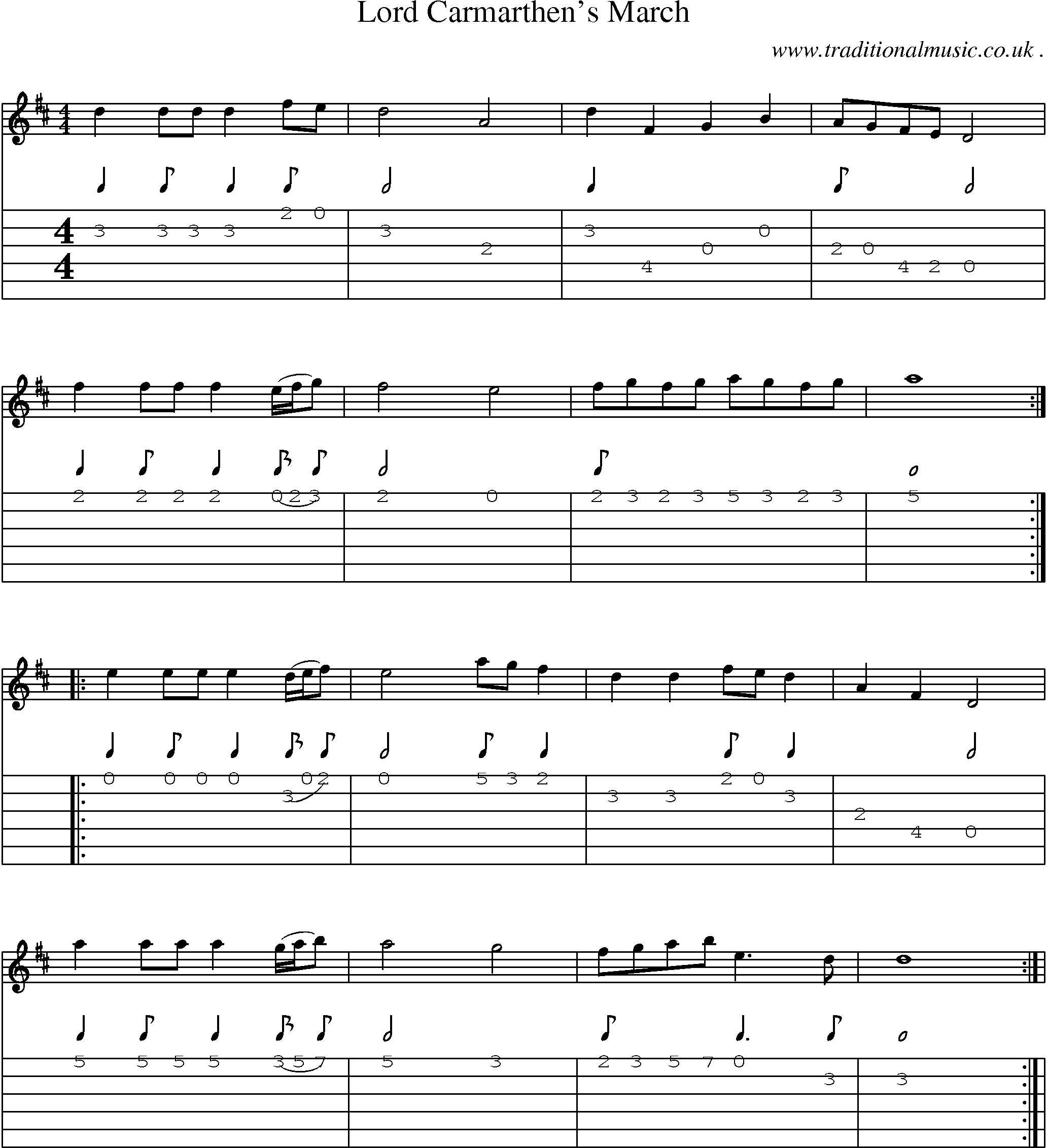 Sheet-Music and Guitar Tabs for Lord Carmarthens March
