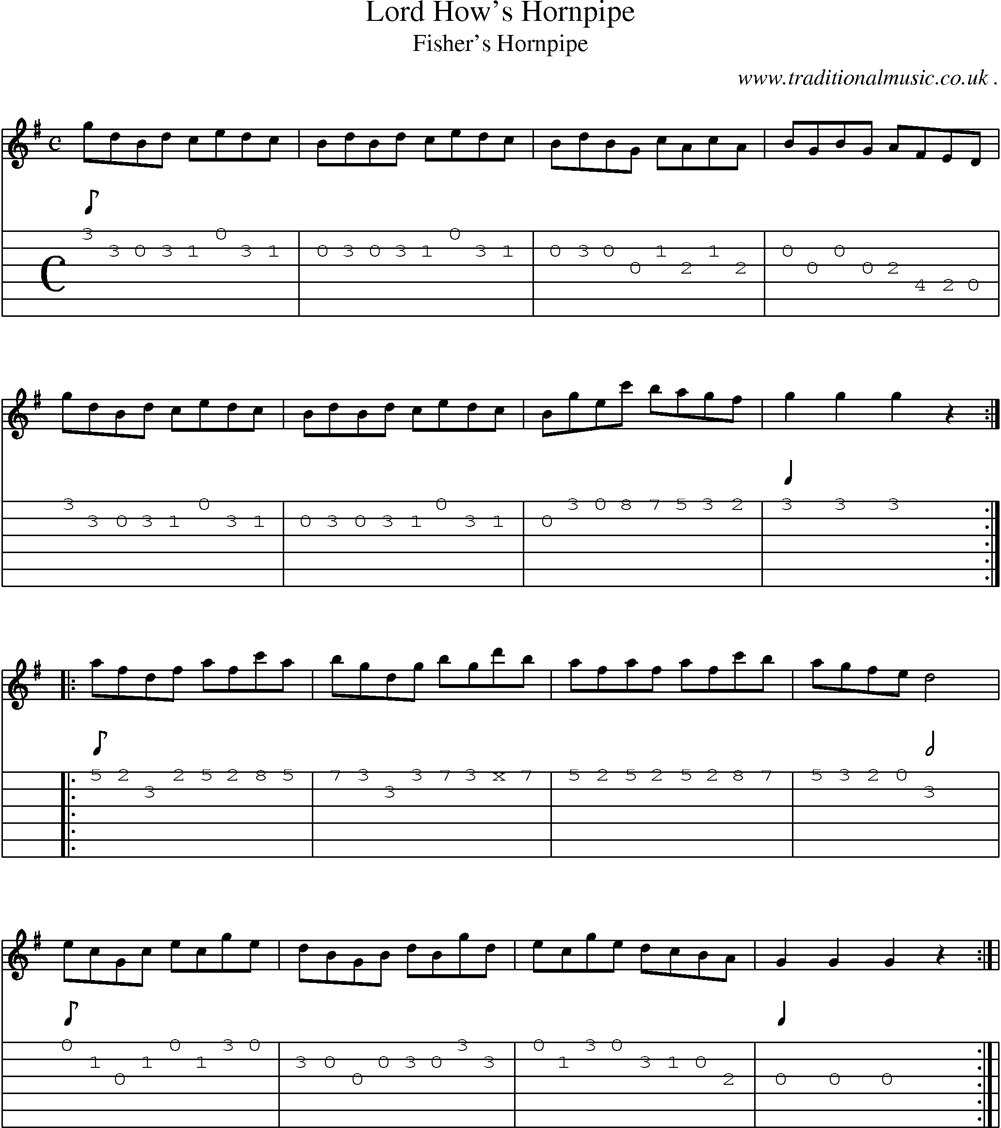 Sheet-Music and Guitar Tabs for Lord Hows Hornpipe
