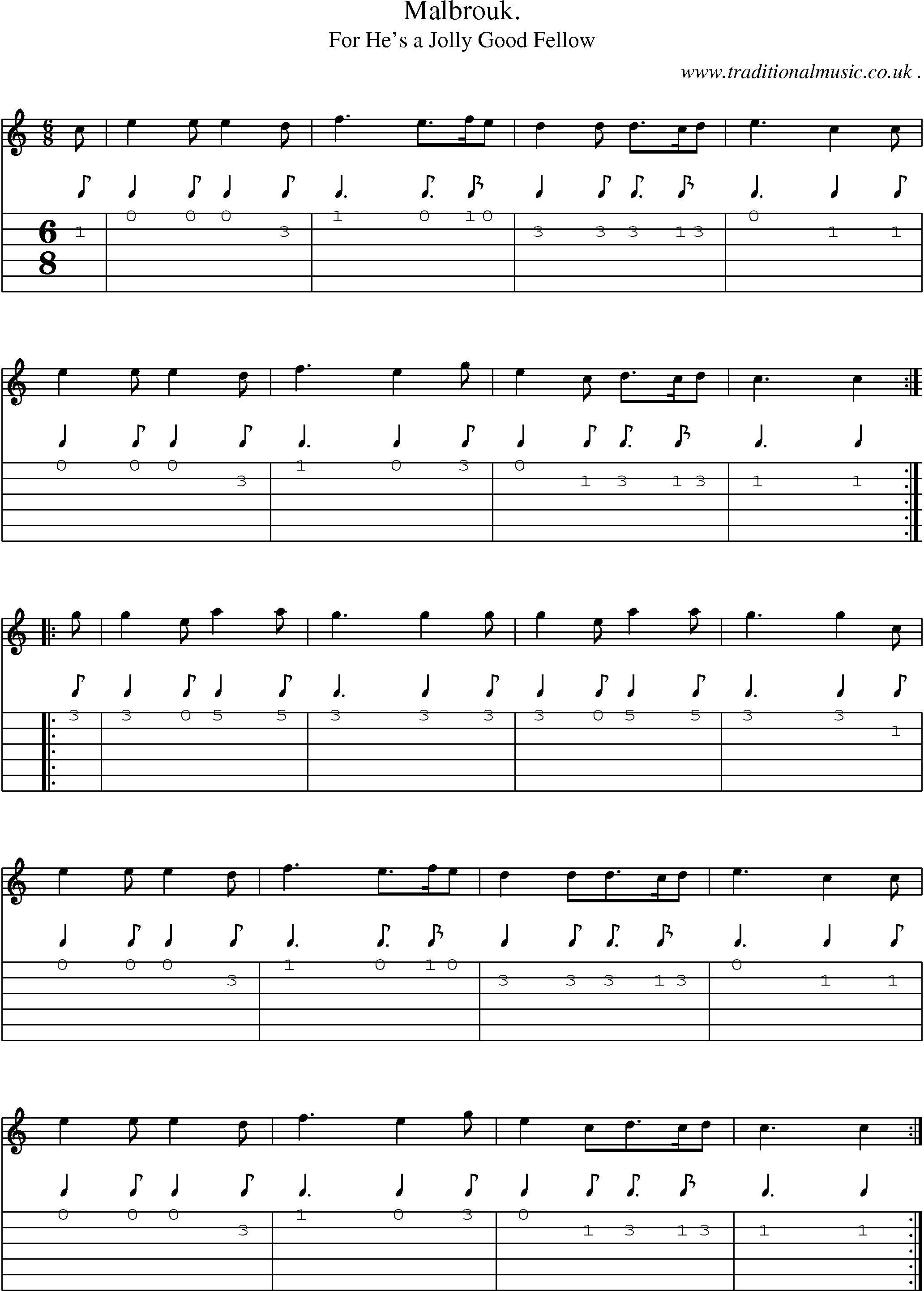 Sheet-Music and Guitar Tabs for Malbrouk