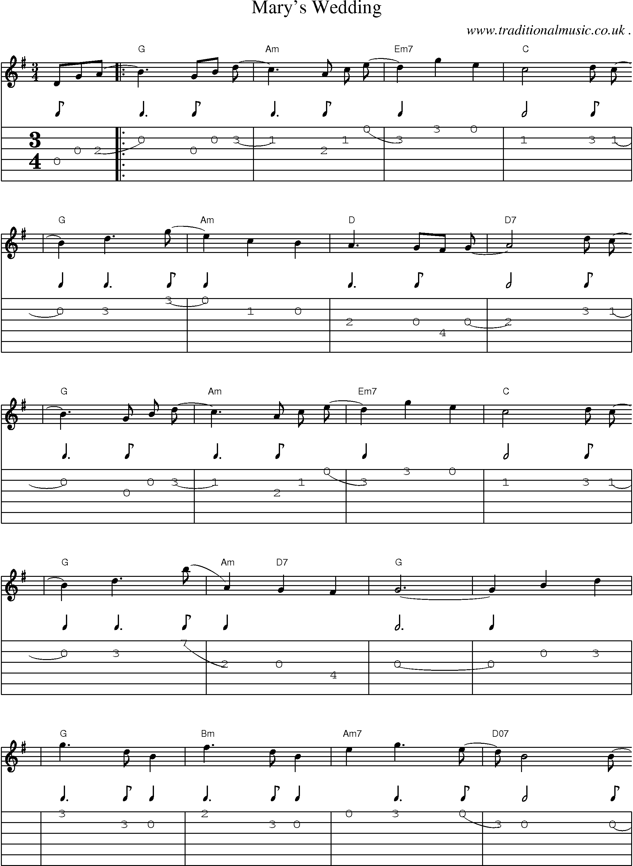 Sheet-Music and Guitar Tabs for Marys Wedding