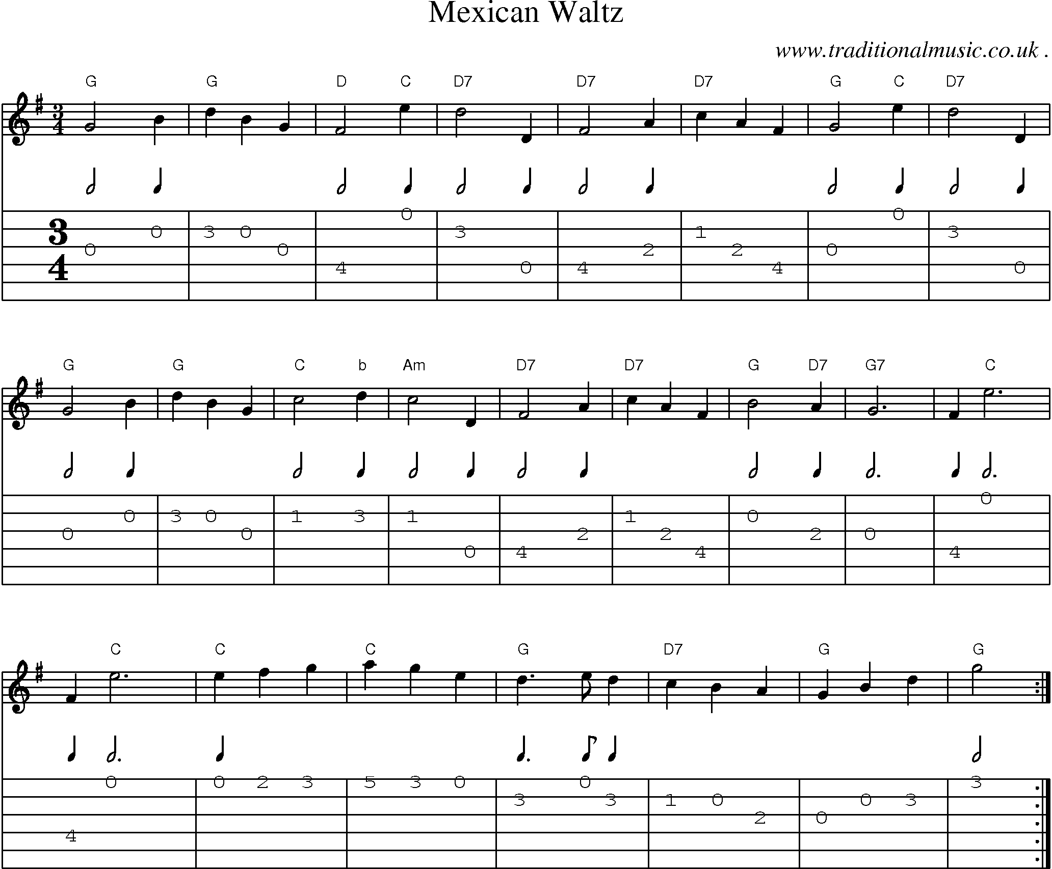 Sheet-Music and Guitar Tabs for Mexican Waltz
