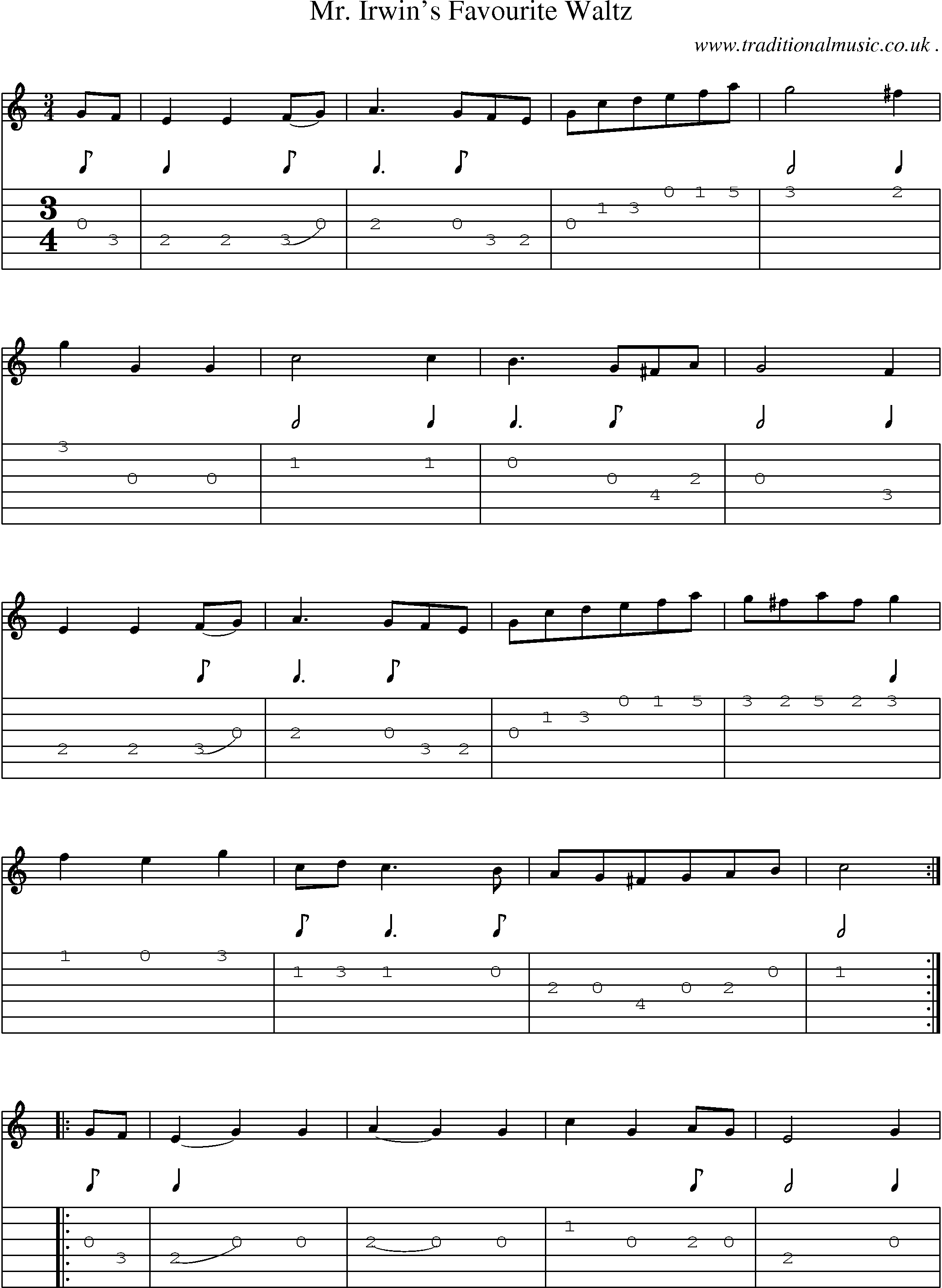 Sheet-Music and Guitar Tabs for Mr Irwins Favourite Waltz